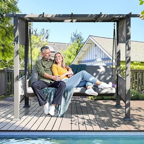 Pamapic 3-Seat Porch Swing with Stand, 990LB Convertible Bed Swing with Adjustable Canopy & Cushions, Gray Pamapic 3-Seat Porch Swing with Stand, 990LB Convertible Bed Swing with Adjustable Canopy & Cushions, Gray