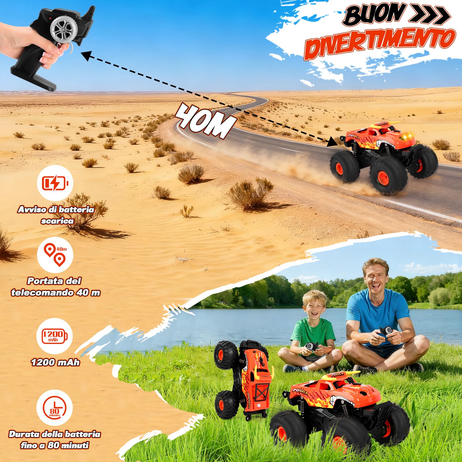 Charmofun Monster Truck Telecomandato, 2.4GHz Anfibio Macchina Telecomandata con Luce LED, Auto Telecomandata 1:16, 4WD RC Auto con Spruzzatore per bambini sopra gli 8 anni （RED)