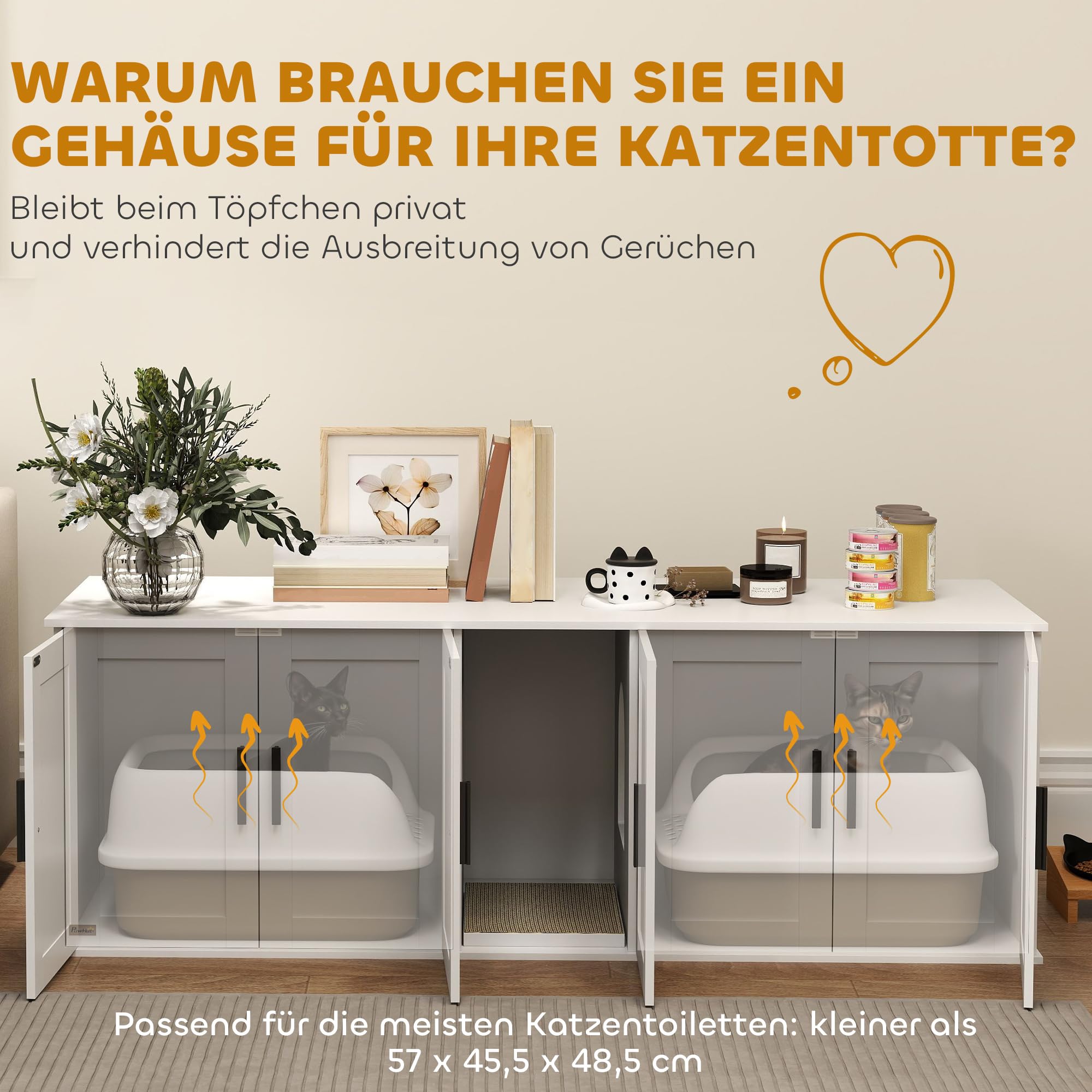 PawHut Katzenklo-Schrank 3 in 1 für Große Katzen 145 x 49 x 51 cm Weiß | Katzenschrank, Versteckter Katzentoilette, Mit Tür Trennwand Kratzmatte, Katzenhaus, Unter 10 kg