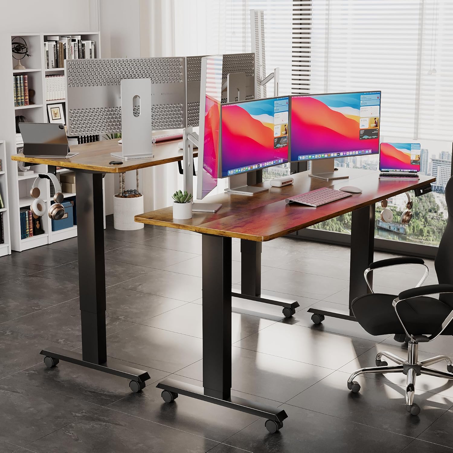 Shahoo Electric Standing Desk 60 Inch, Ergonomic Height Adjustable Table with T-Shaped Metal Bracket Modern Computer Workstations for Home Office, Rustic Brown, 60 x 24 Inch