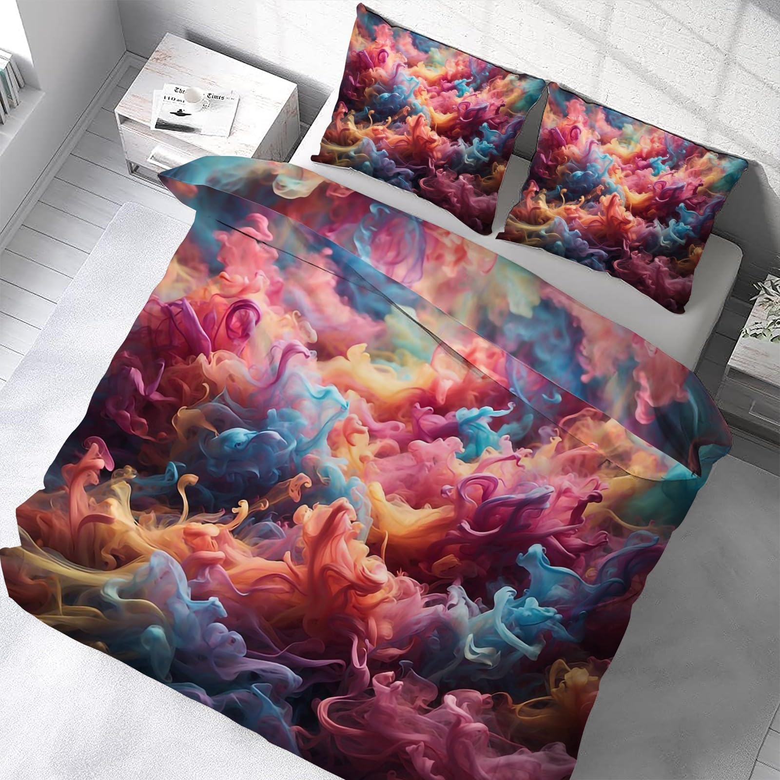 Generisch Niebiesko-różowa pościel 155 x 220 cm, poszewka na kołdrę z nadrukiem 3D, 3-częściowy zestaw pościeli z oddychającej i miękkiej mikrofibry, 2 poszewki na poduszki z zamkiem błyskawicznym