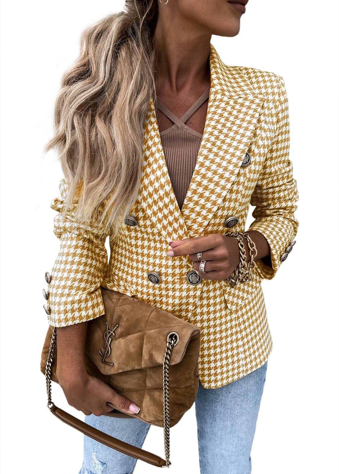 GAMISOTE Womens Casual Blazer Plaid Slim Fit Lapel Work Office Outerwear Jacket Suit