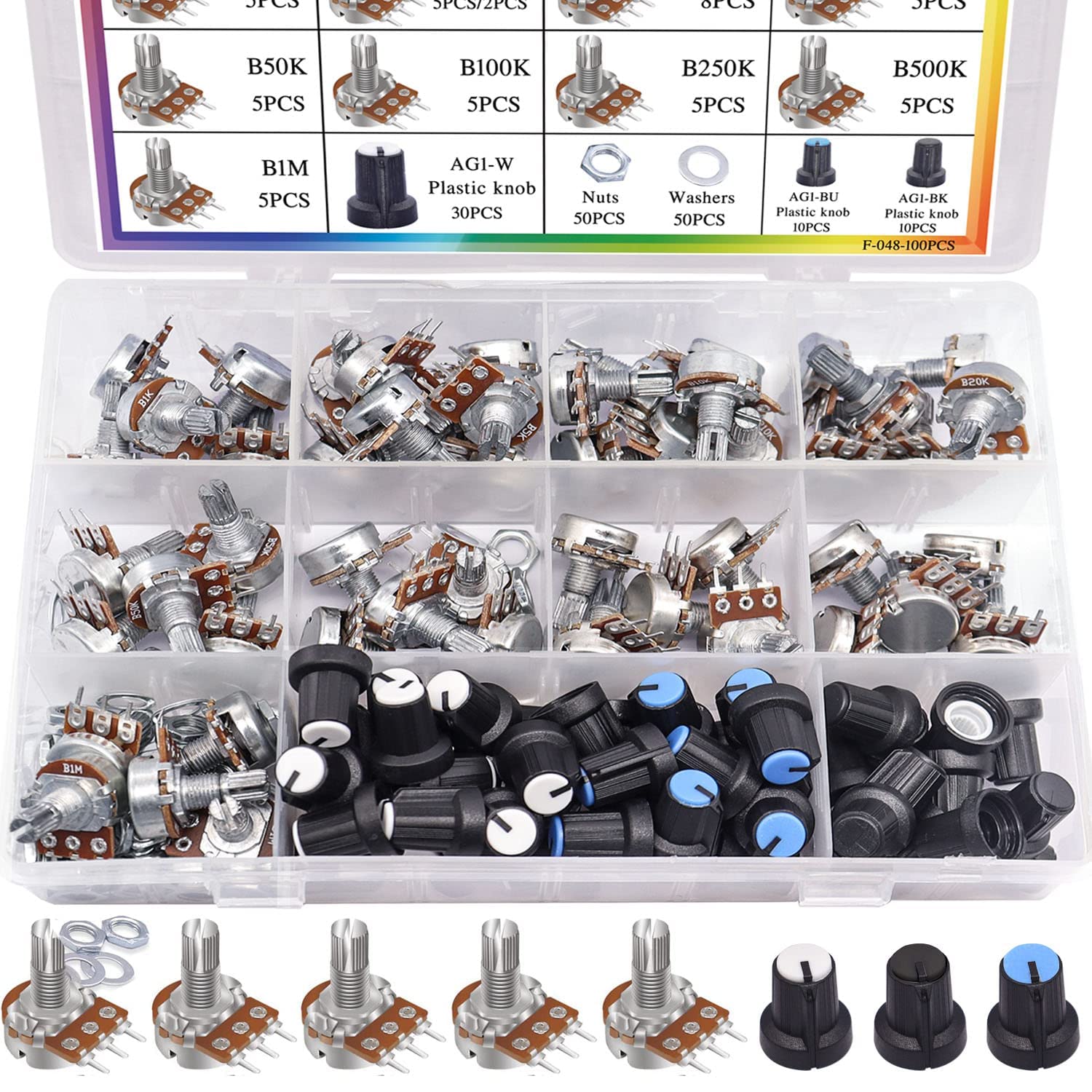 Taiss 100pcs potentiomètre Kit b1k b5k 10K 20k 50k 100k 250k 500k 1m ohm dreh type B potentiomètre linéaire avec écrou, rondelle et 3 couleurs différentes boutons en alliage d'aluminium F048