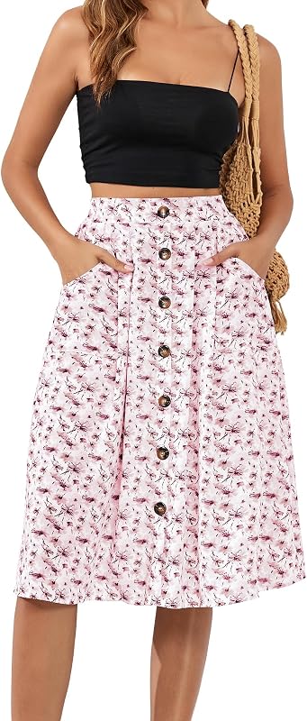 Naggoo Womens Summer Skirts Casual Front Button A-Line High Waisted Midi Skirt with Pockets