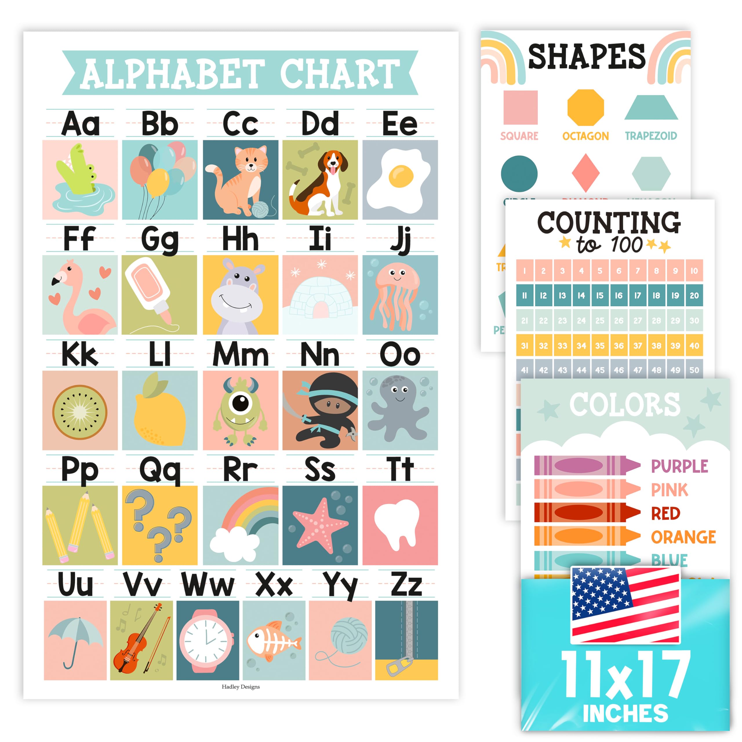 Hadley Designs Educational ABC Posters for Classroom Wall Decor - Preschool Learning Posters for Toddlers 1-3, Shapes Color 1-100 Number Chart & Alphabet Poster, Daycare Playroom Homeschool Essentials