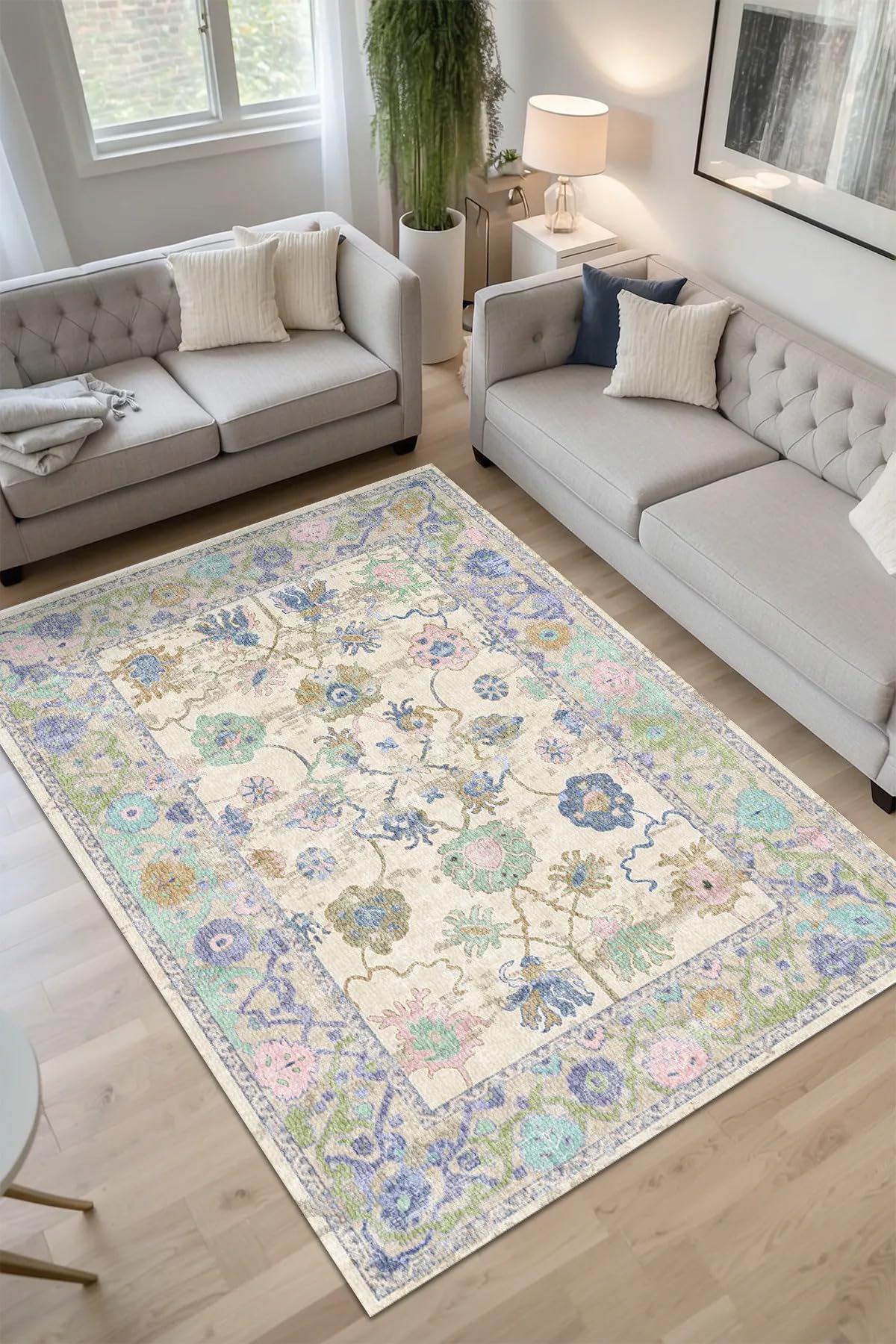 Simay Vintage Desenli Şönil Pamuk Tabanlı Yıkanabilir Kaymaz Antibakteriyel Salon Halısı 100x200