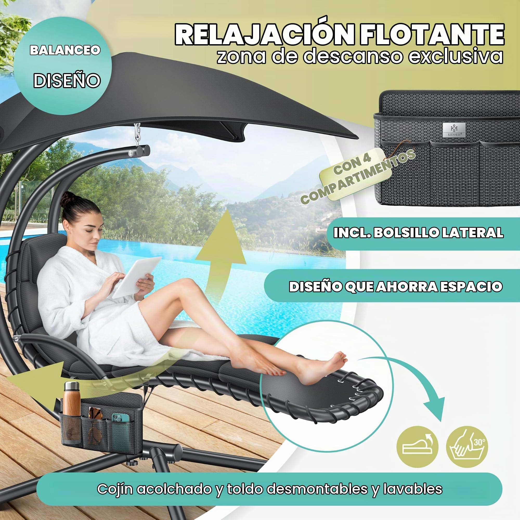 KESSER® Tumbona flotante con sombrilla, tumbona colgante, tumbona H200, L194, B100 cm, tumbona de relax, columpio, hamaca, soporta hasta 120 kg, cojines para el cuello, incluye bolsa