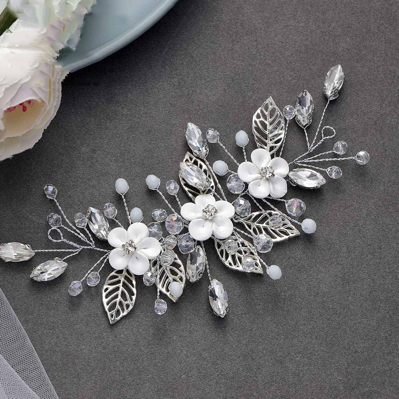 Handcess Fascia per capelli da sposa in argento con cristalli di perle e fiori di vite, accessorio per capelli da sposa e damigelle d'onore