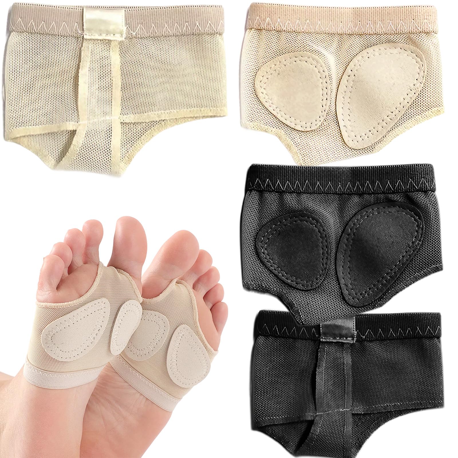 Protección Pies Baile, 2 Pares Tangas de Pie de Ballet, Almohadilla Protectora para Gimnasia (Negro y Tono de Piel)