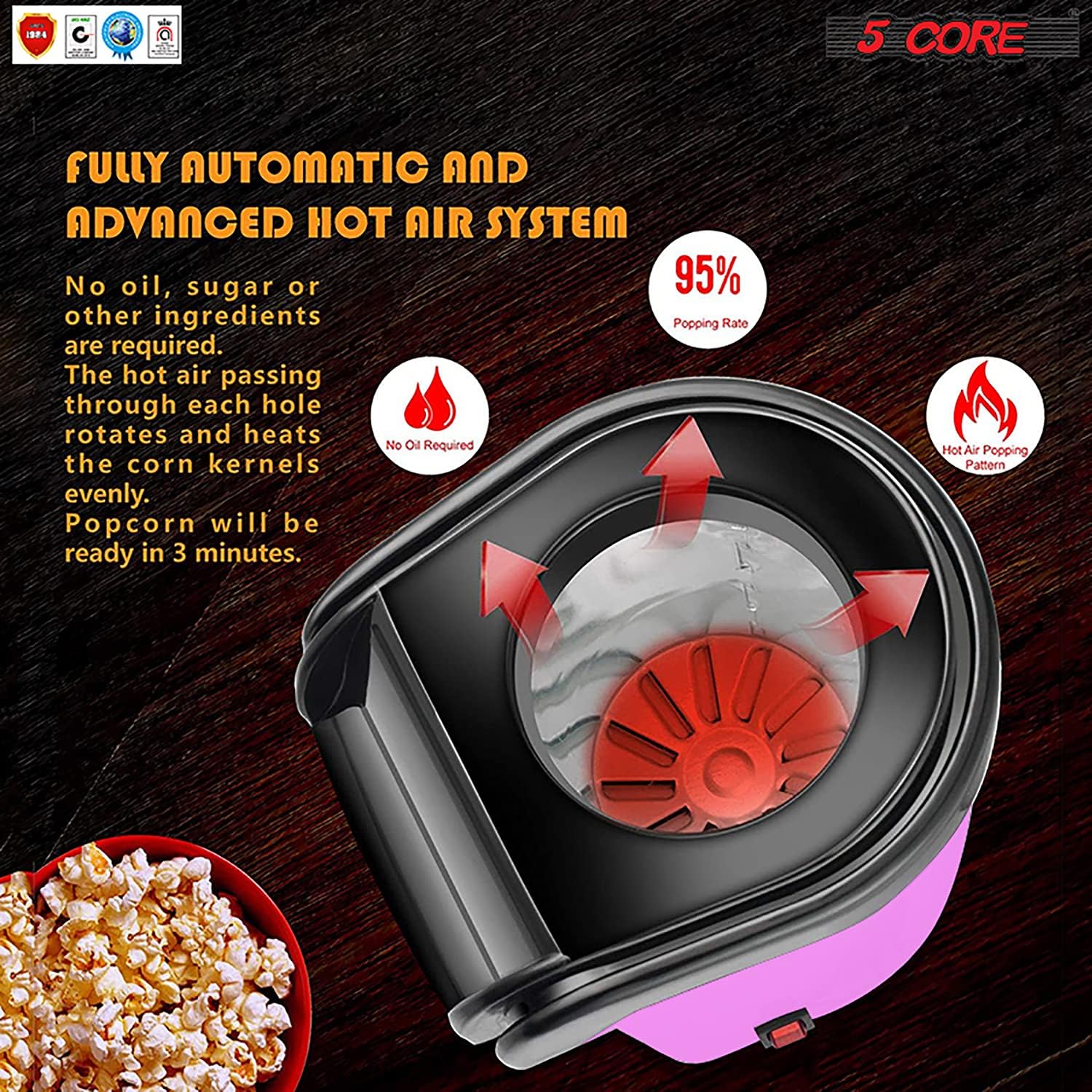 5 Core Hot Air Popcorn Popper 1100W Electric Popcorn Machine Kernel Corn Maker, Bpa Free, 16 Cups, 95% Popping Rate, 3 Minutes Fast, No Oil Healthy Snack for Kids Adults, Home, Party & Gift POP P