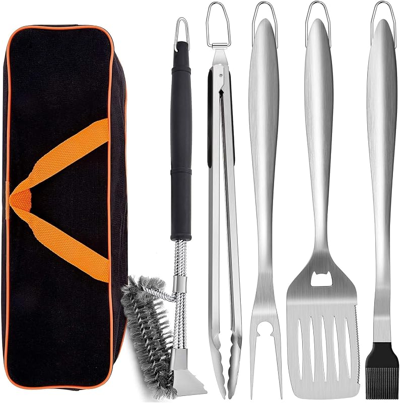 Metal Barbecue Grilling Tools for Outdoor Grill Set of 6 | Stainless Steel 18IN Long Grilling Tools Grilling Accessories with Spatula Tongs Fork Basting/Cleaning Brushs