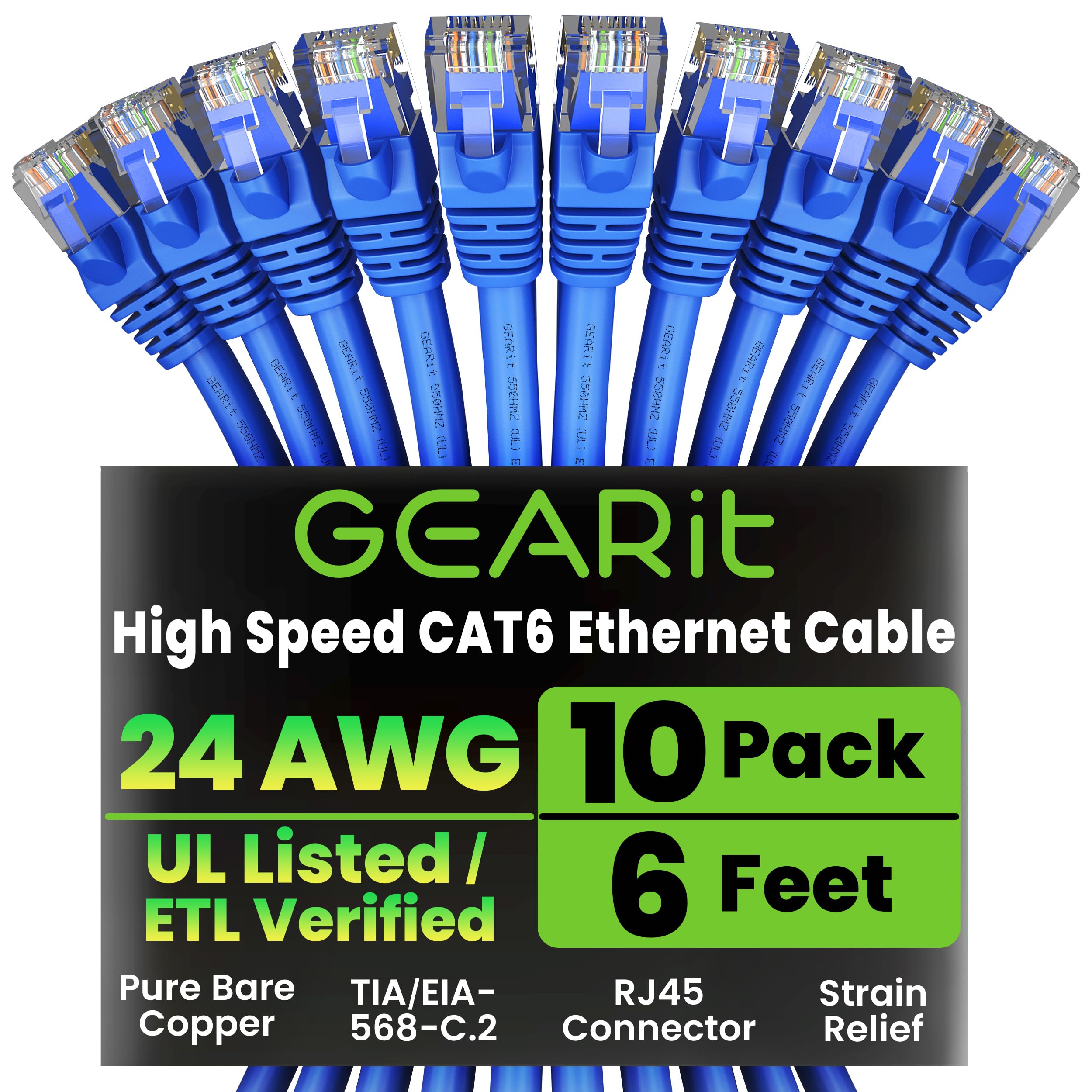 GEARit Cat 6 Ethernet Cable Pack - 10-Pack 6 ft Cat6 Ethernet Patch Cables | RJ45 Network Patch Cable, 10 Gbps Snagless Gold-Plated Connectors - Ethernet Cable Cat 6 for PC, TV, Router - Blue