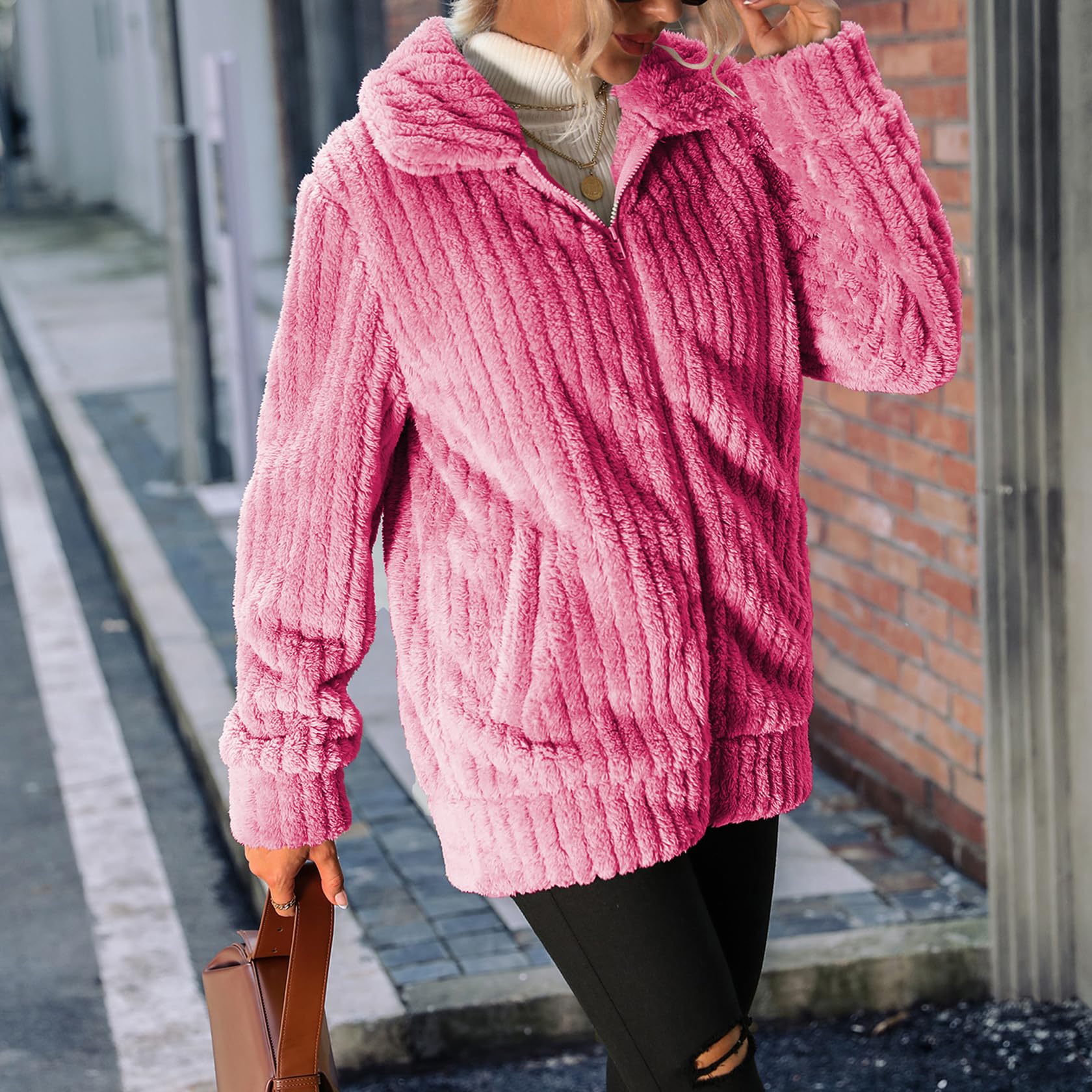 Vipwest Giacca da donna in pile Sherpa con cerniera intera, a maniche lunghe, con risvolto e tasche (S-5XL), Abbigliamento Donna, Giubbotto Invernale, Rosa, Large