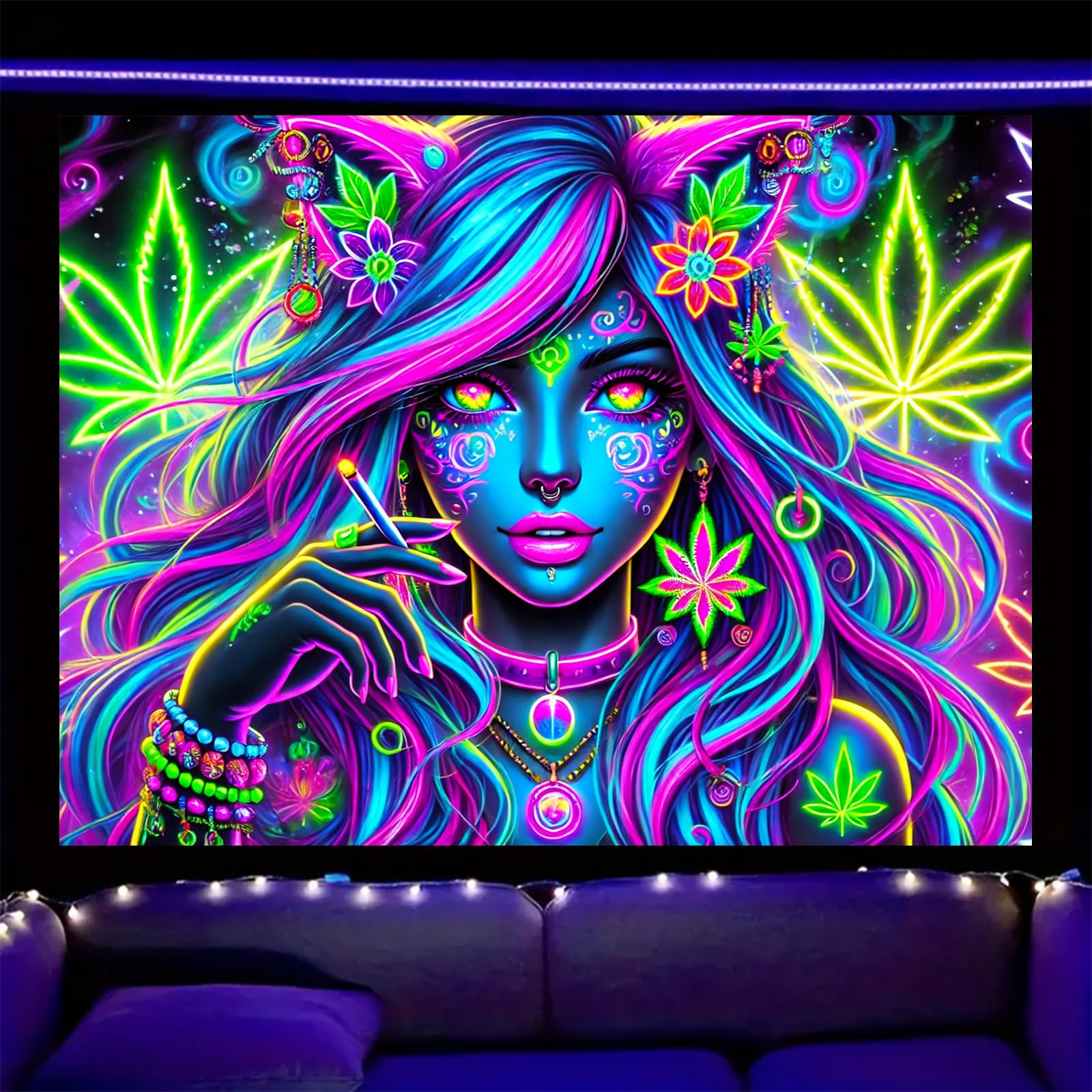 Nuxovilar Neon Floral Figure Wall Tapestry Polyester 78.74x59.05 In