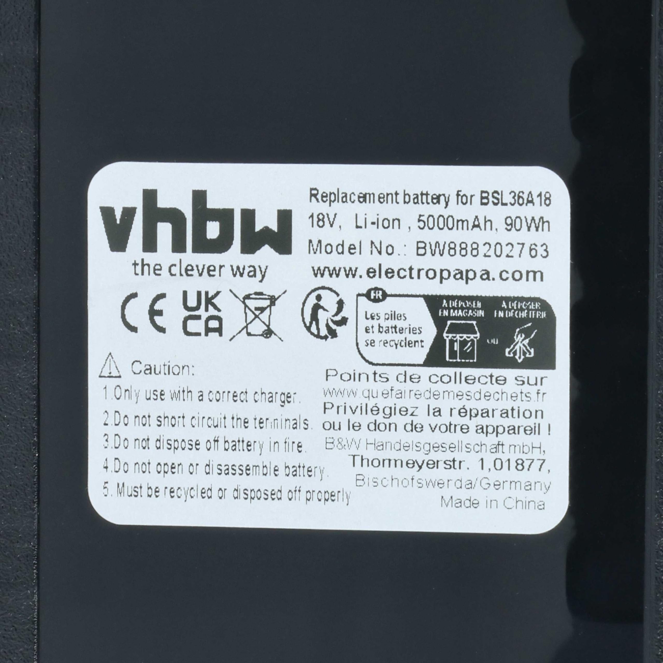 vhbw batteria compatibile con Hikoki DH36DPA, DH36DMA, DH36DPD, DH36DPC, DH36DPB, DH18DBQL, DH18DBML, DH36 utensile elettrico (5000 mAh, Li-Ion, 18 V)