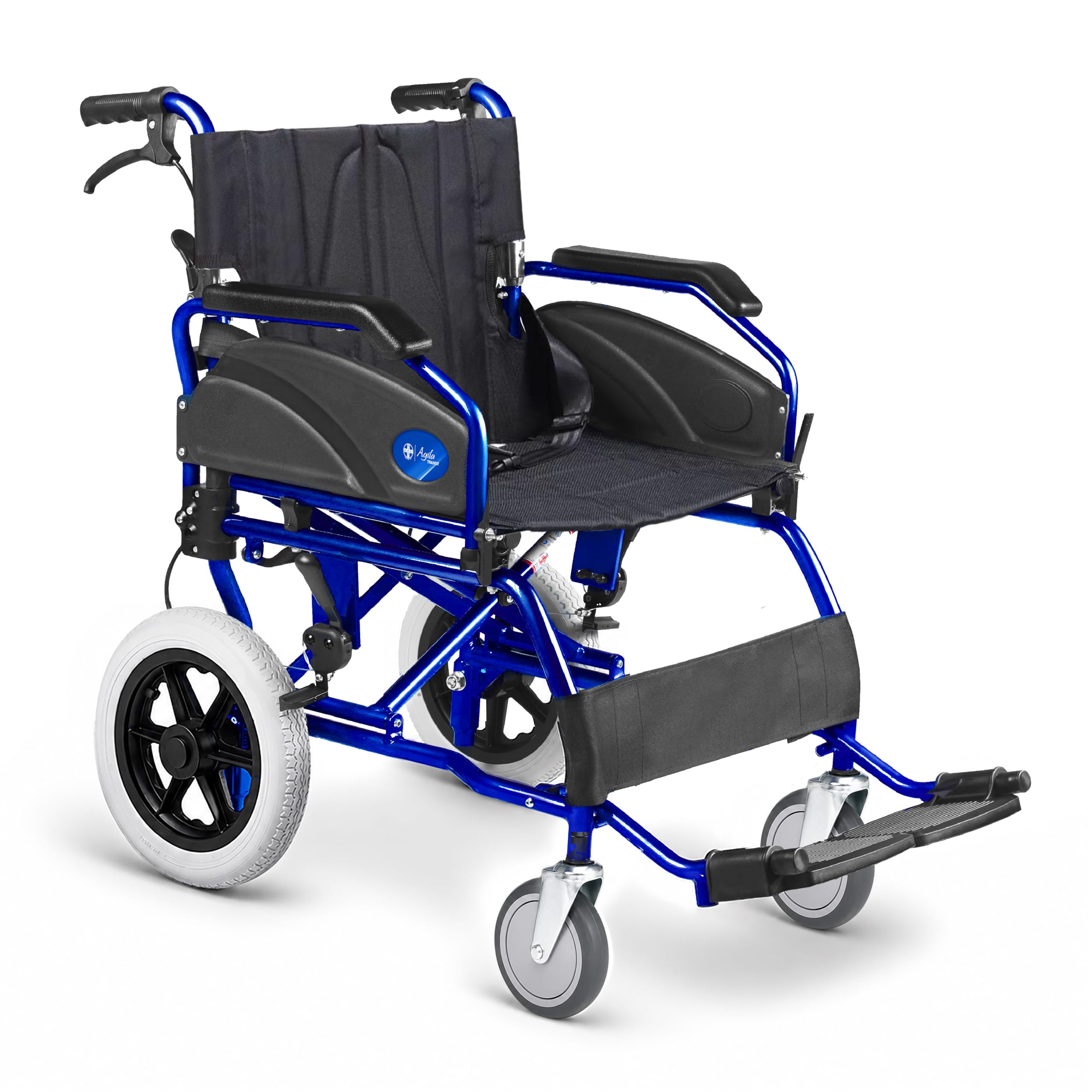 AIESI® Rollstuhl Faltbar superleicht für den Transport aus Aluminium mit Bremse für Behinderte und ältere Menschen AGILA TRANSIT, Doppeltes Bremssystem, Sicherheitsgürtel, Garantie 24 Monate