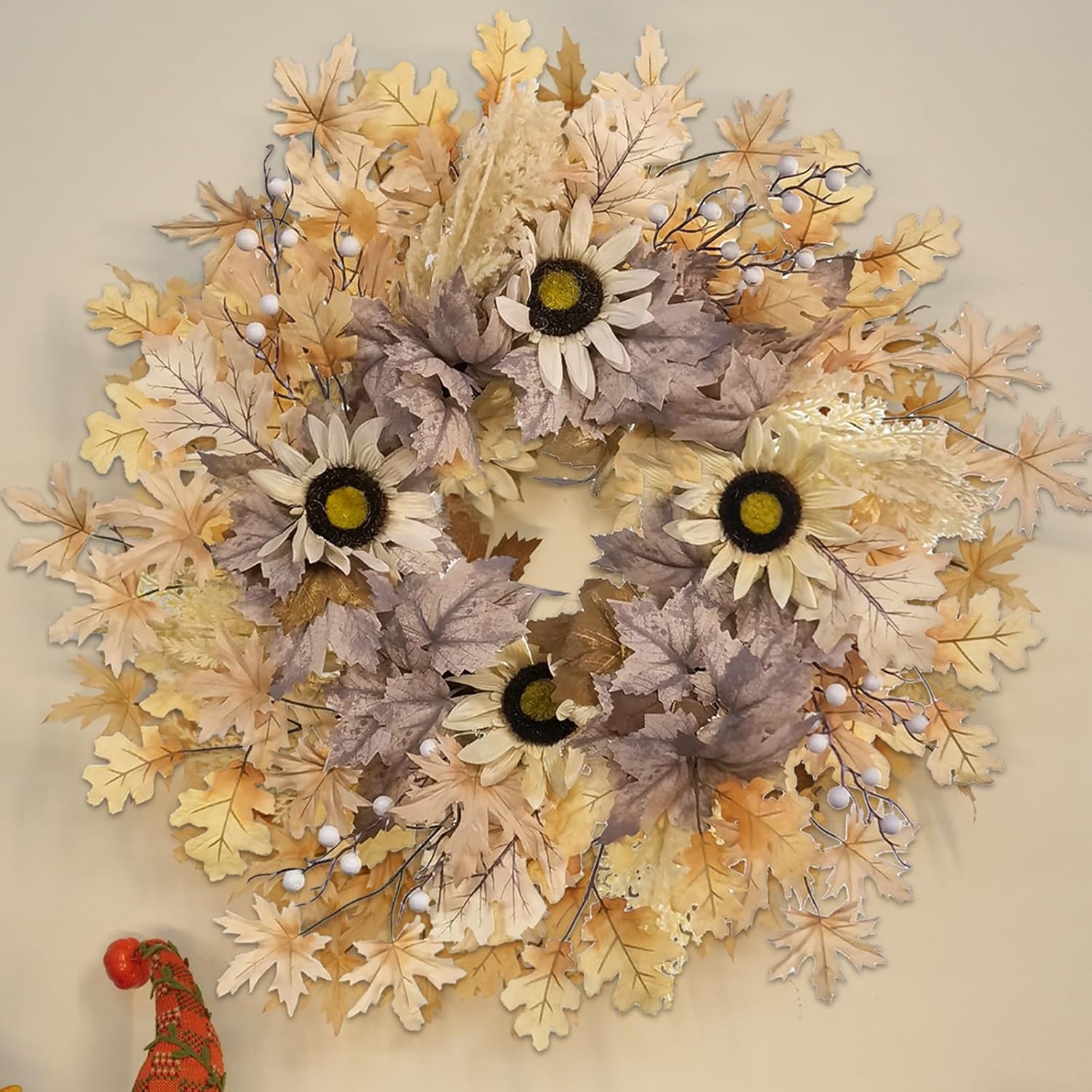 Realistic Fall Wreath with Light 26" Fall Wreaths for Front Door with Fall Leaves Berries Fall Leaves,Sunflower,Autumn Wreath Fall Decorations for Home Thanksgiving Halloween Decorations for Wall Door 26IN