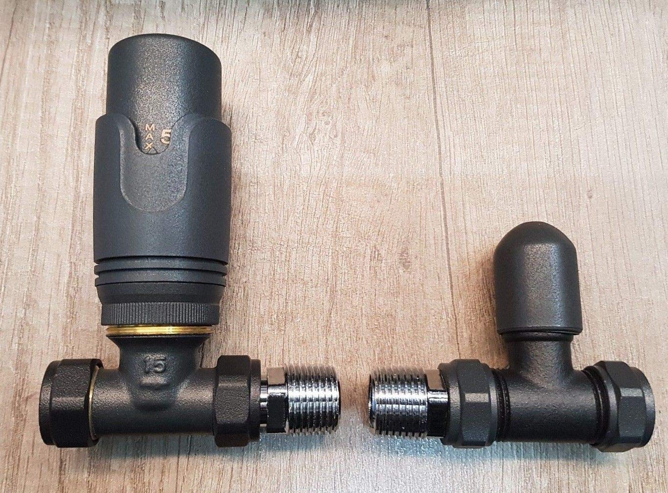 Teams Anthracite Straight Towel Rail Thermostatic Radiator Valves TRV Lockshield Pair