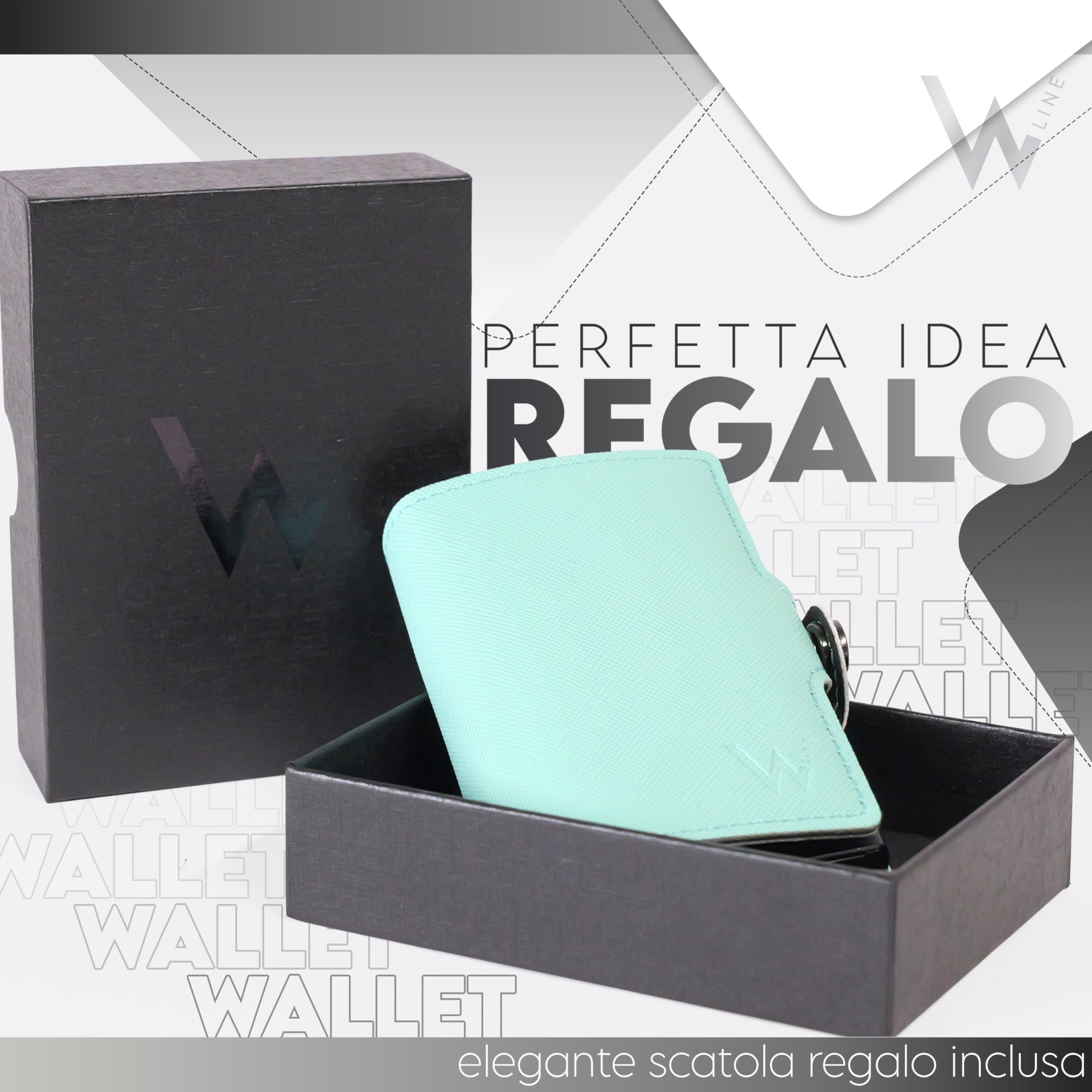 WLine Portafoglio Donna Piccolo con Portamonete Rfid Compatto ed Elegante - Porta Carte di Credito Donna e Uomo Schermato in Pelle PU - Portatessere Tascabile (Turchese e Nero Saffiano, Con Zip)