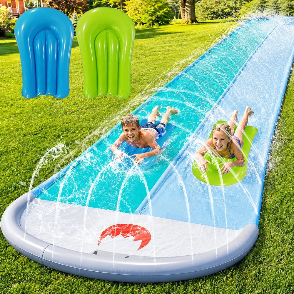 Mineup Wasserrutsche Garten 550x140cm mit 2 Bodyboards Doppelrutsche Eingebautem Sprinkler