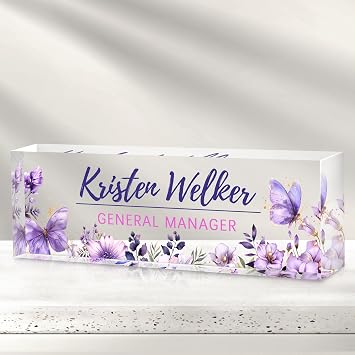 Custom Office Name Plate for Desk - Desk Name Plate Personalized Gifts for Coworkers, Boss, Employees, Teacher, Nurse - Office Desk Decor for Women Men - Employee Appreciation Gifts Purple Garden