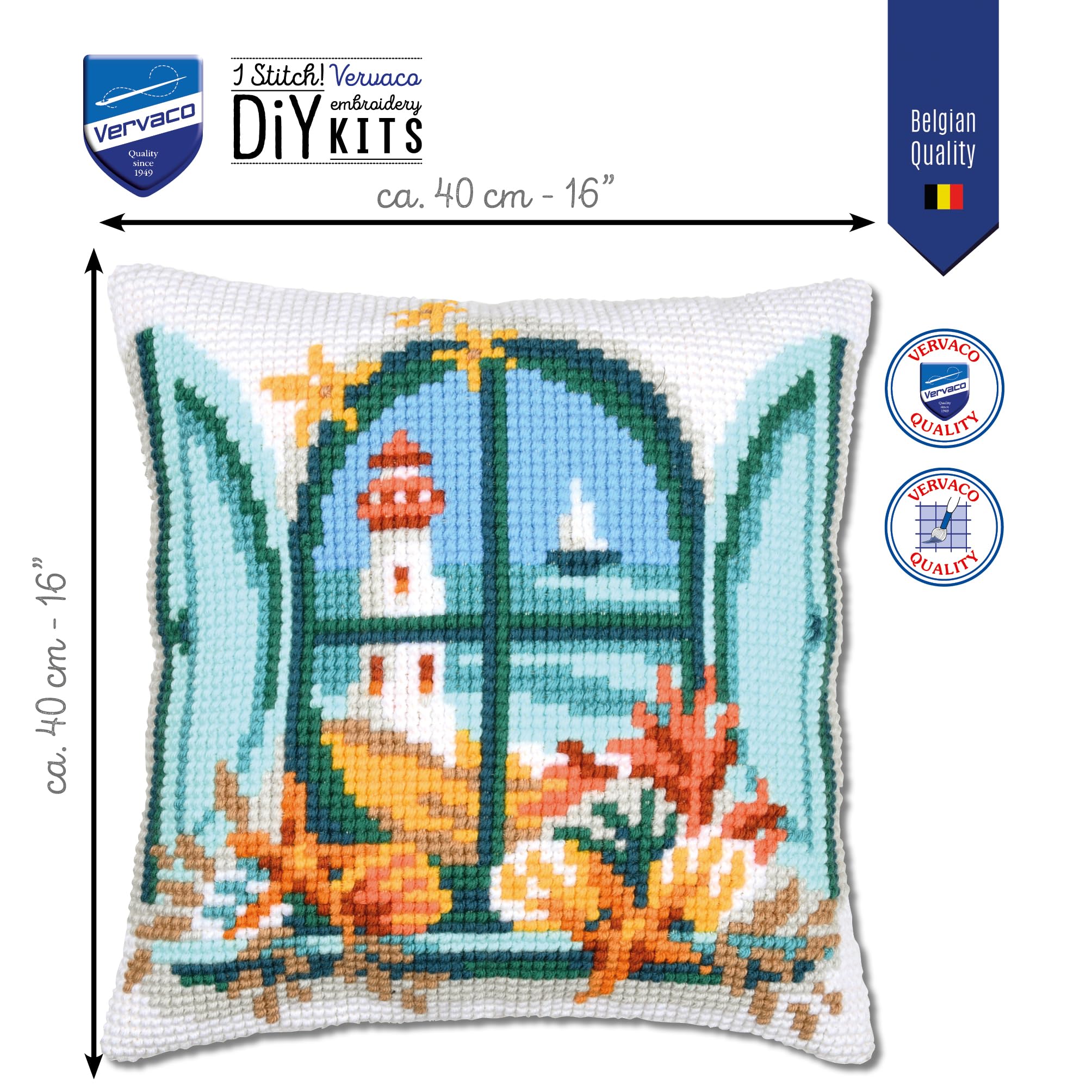 VERVACO Zestaw do Haftu Krzyżykowego Poduszka WIDOK NA MORZE Kanwa z Nadrukiem 40 x 40 cm Gruba Włóczka Akrylowa Zrób to Sam Dekoracja Domu DIY Cross Stitch Kit