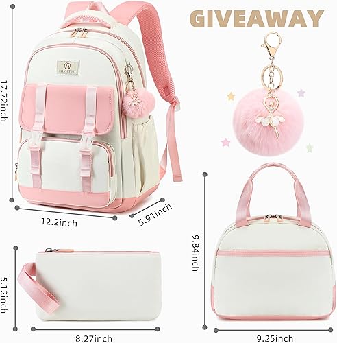 Miniatura 6 de AO ALI VICTORY Mochila para niñas y mujeres, mochila de viaje para laptop, mochila para campus, mochila escolar primaria con juego de lonchera, Rosa