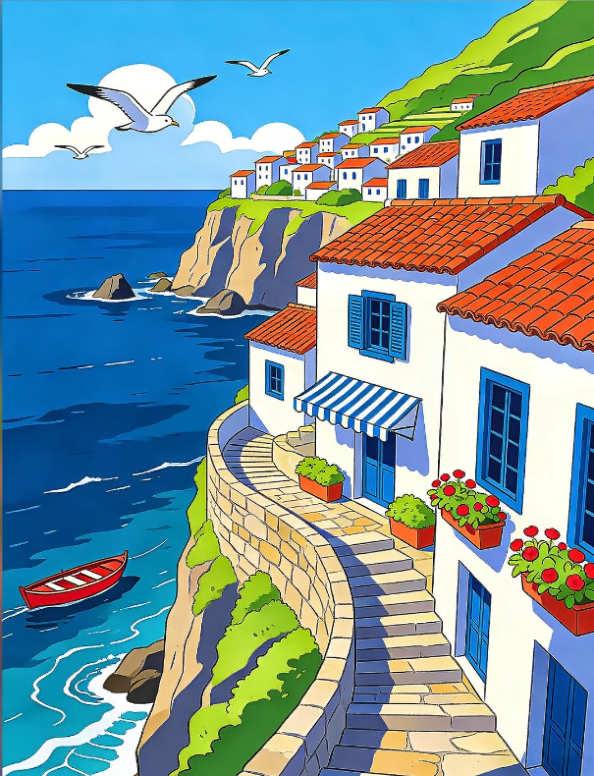 Stithej Pre-Printed Cross Stitch Kit Seaside Town 11CT Adult Beginners