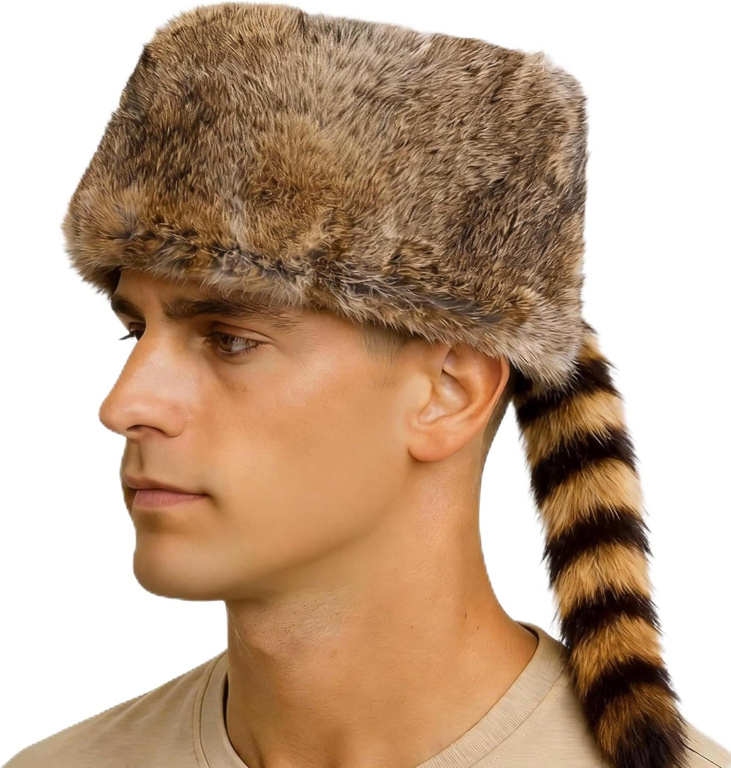 Real Raccoon Hat with Tail for Men Women Rabbit Fur Davey Crockett Coonskin Hat Russian Ushanka Fur Hats