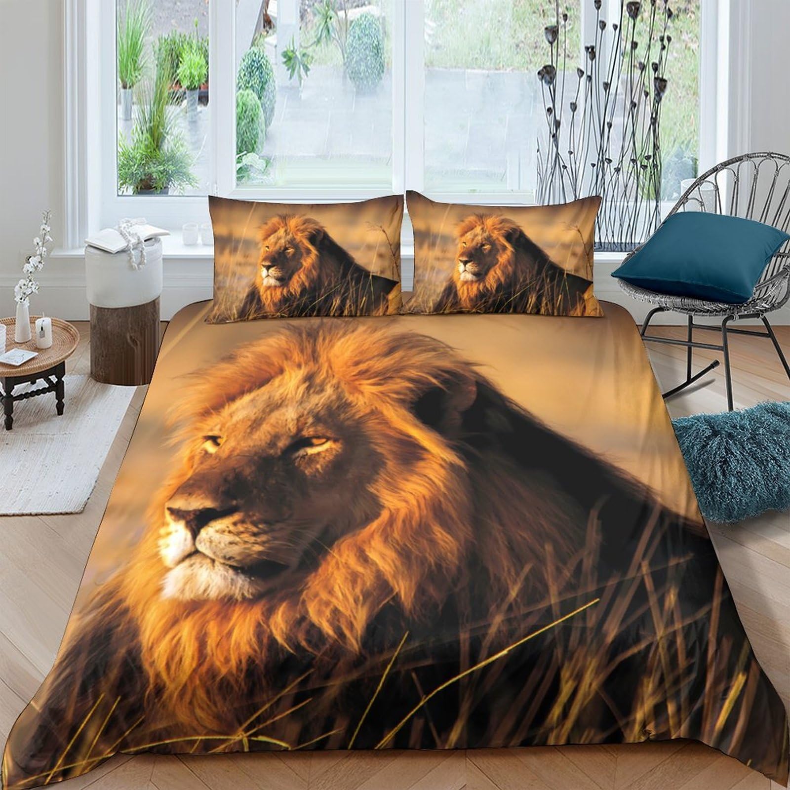 3D Printed Lion Wildlife Duvet Cover Microfiber Breathable African Sunset Bedding Set with 2 Pillowcases for Bedroom Decor Single（135x200cm）