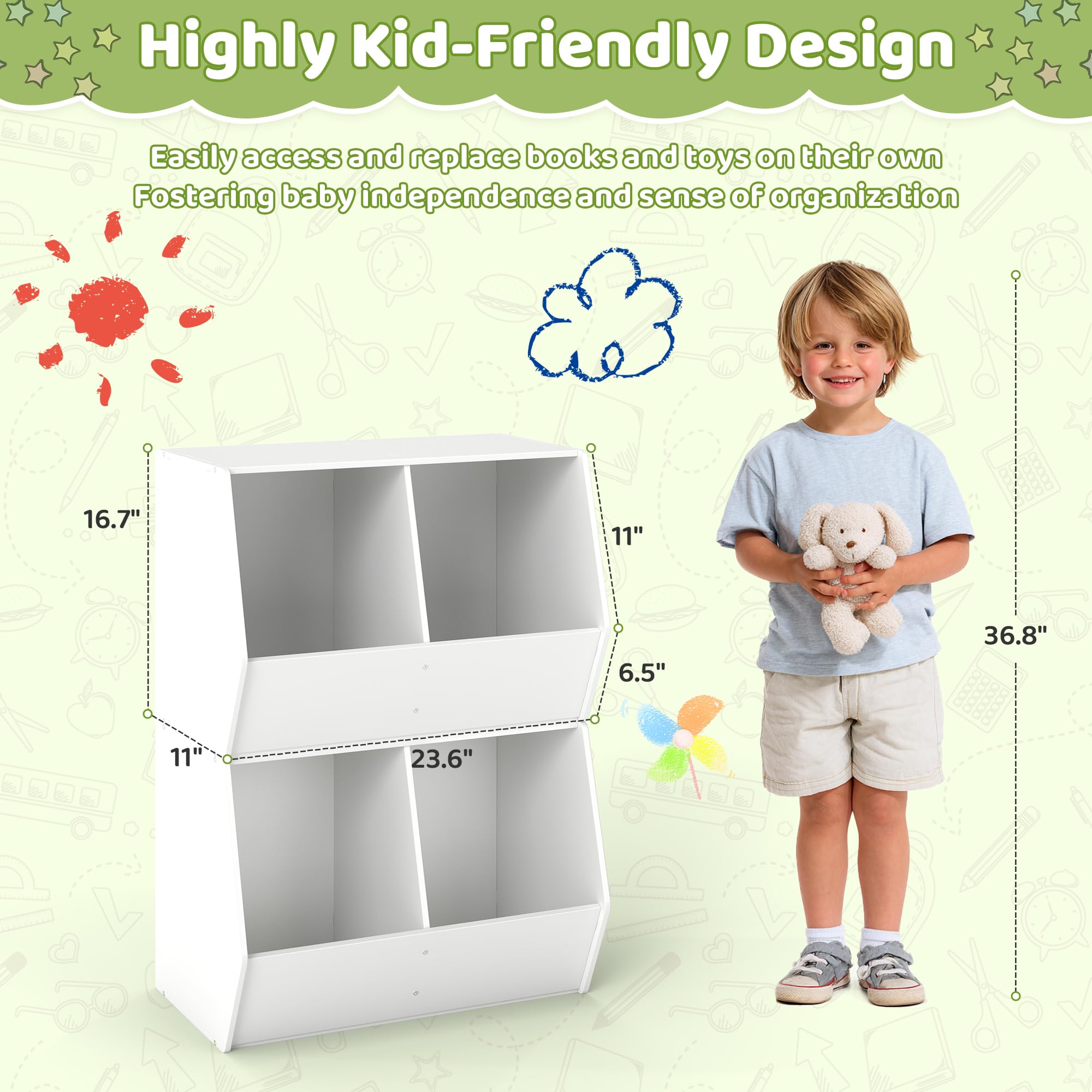 DOREROOM Toy Storage Organizer for Kids, Stackable Toy Box, Toy Chest for Boys and Girls, White Book Shelf for Kids Rooms, Classroom, Nursery, Kids Bookshelf for Ages2-12