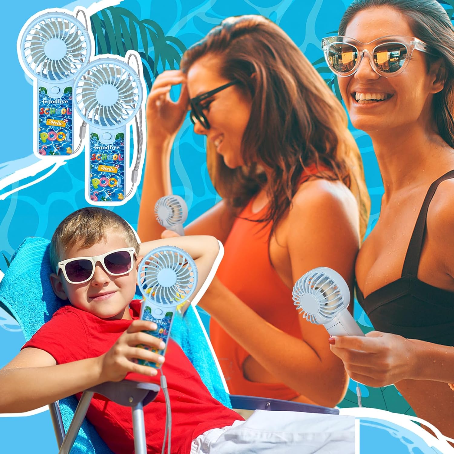 Tuanse 24 Pcs Goodbye School Hello Pool Fans End of School Bulk Mini Handheld Portable Personal Battery Powerful Small Pocket Fan Bulk for Summer Party Favors Decors Gifts 24 Guests