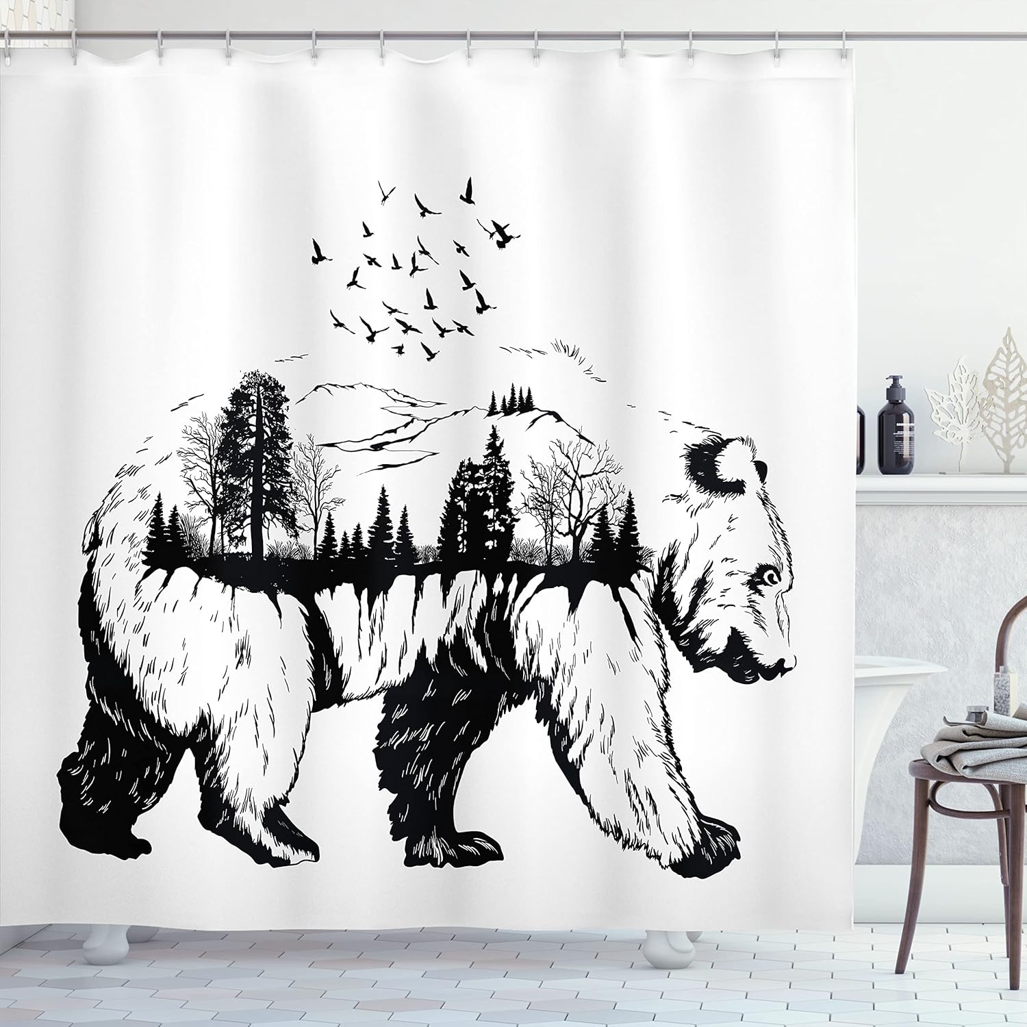 Ambesonne Cabin Shower Curtain, Hand Drawn Bear Double Exposure with Forest Trees Flying Birds Concept Artwork, Cloth Fabric Bathroom Decor Set with Hooks, 69" W x 84" L, White Black