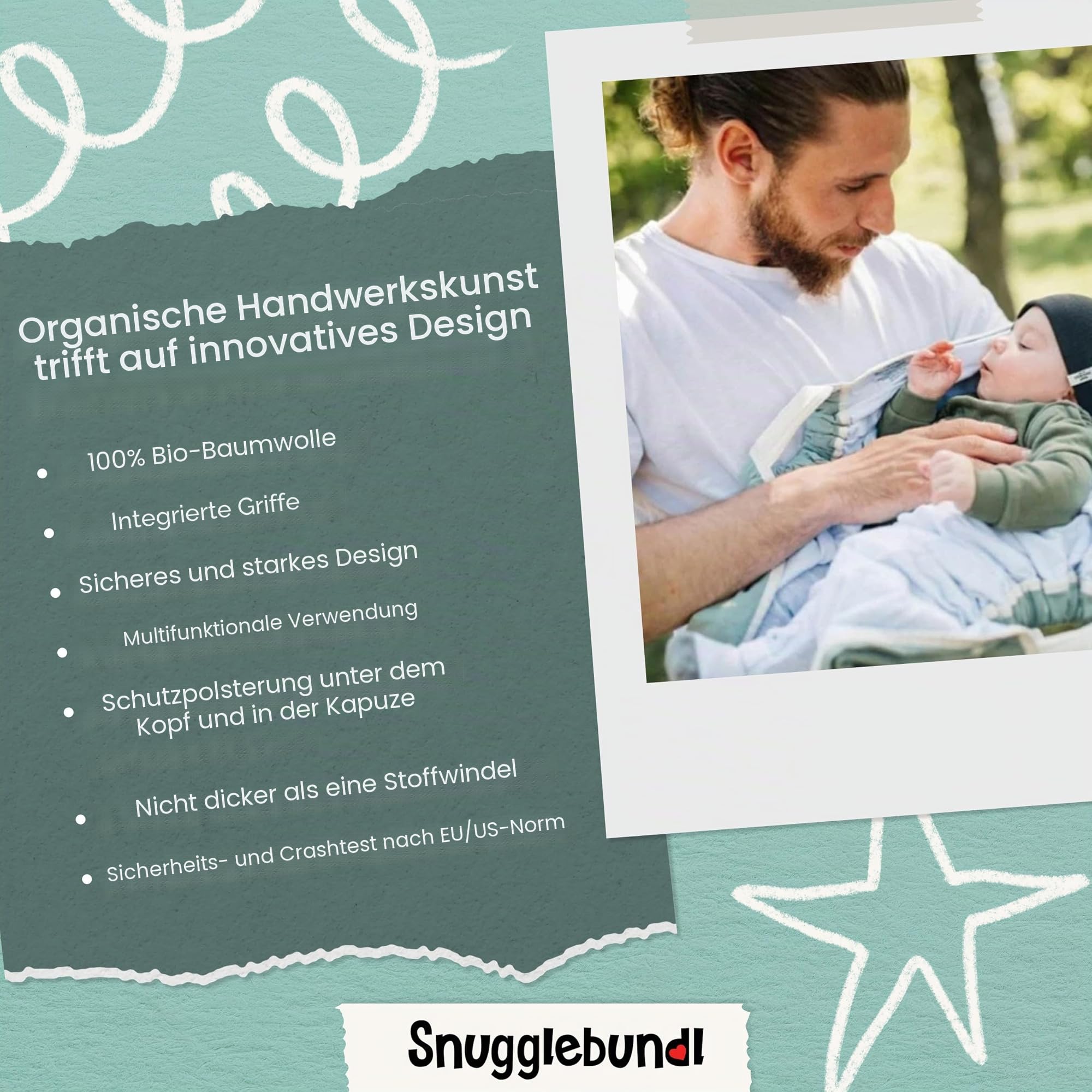 Snugglebundl Baby Bumble Babytragehilfe mit Griffen Einfach heben & legen-auch im Schlaf! 100% Bio-Baumwolle Babywiegedecke für Eltern & Hebammen Babyautositz-Decke