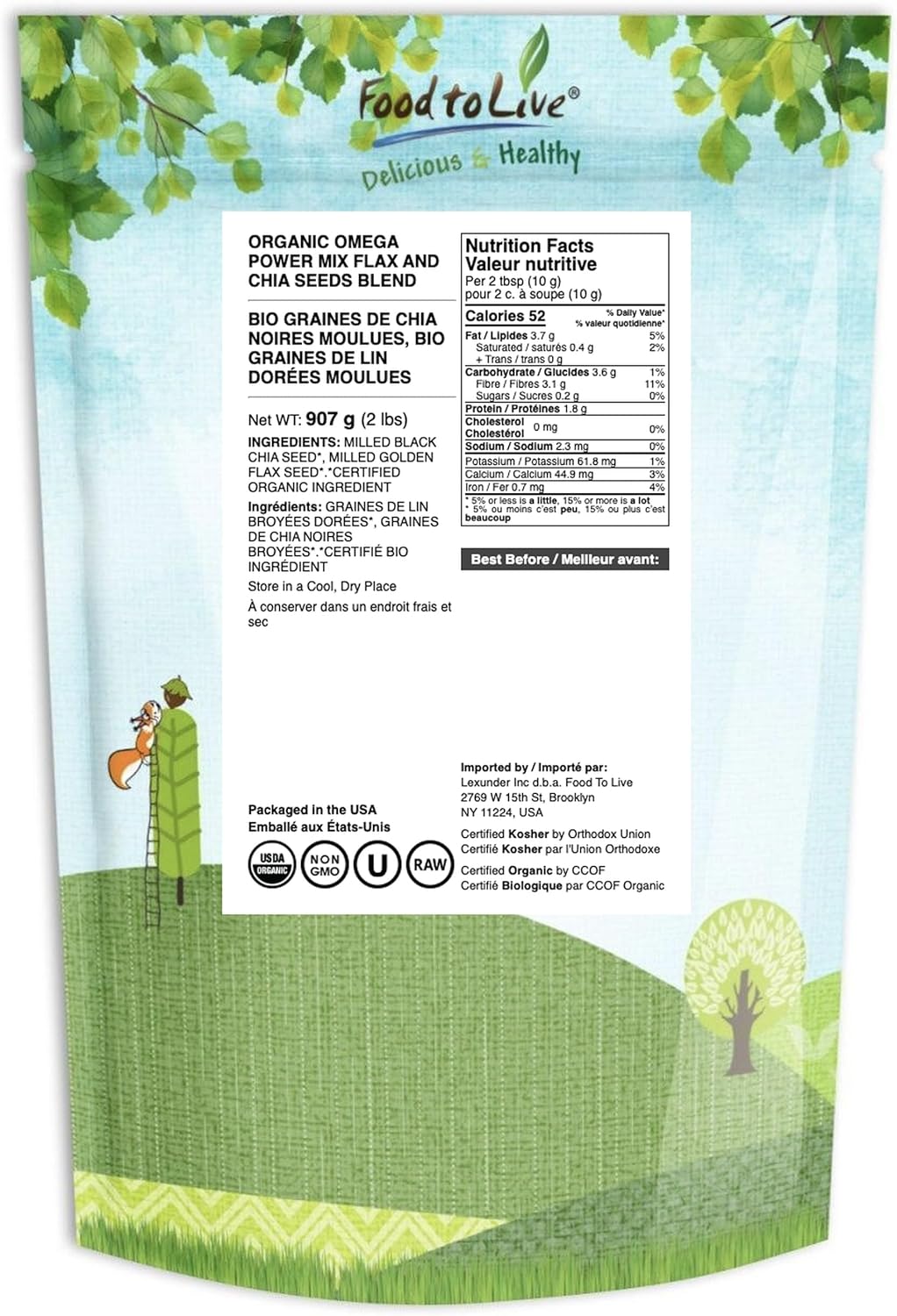 Food to Live Organic Omega Power Flax and Chia Seeds Blend, 2 Pounds Cold-Milled from Whole Seeds, Non-GMO, Vegan, Kosher, Bulk. Rich in Omega 3 Fatty Acids. Perfect for Smoothies and Shakes