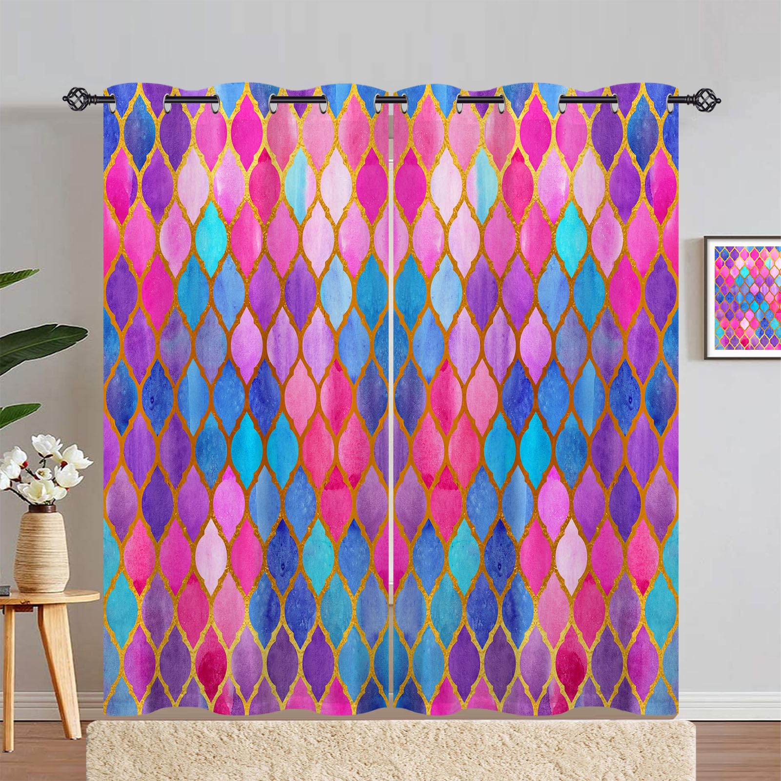 ANHOPE Mermaid Scale Curtains Eyelet Ring Top Soft Thermal Insulated Blackout Curtains Geometric Fish Scale Print Pattern Decorative Window Drapes for Bedroom Living Room 55 x 90 Drop Inch 2 Panels