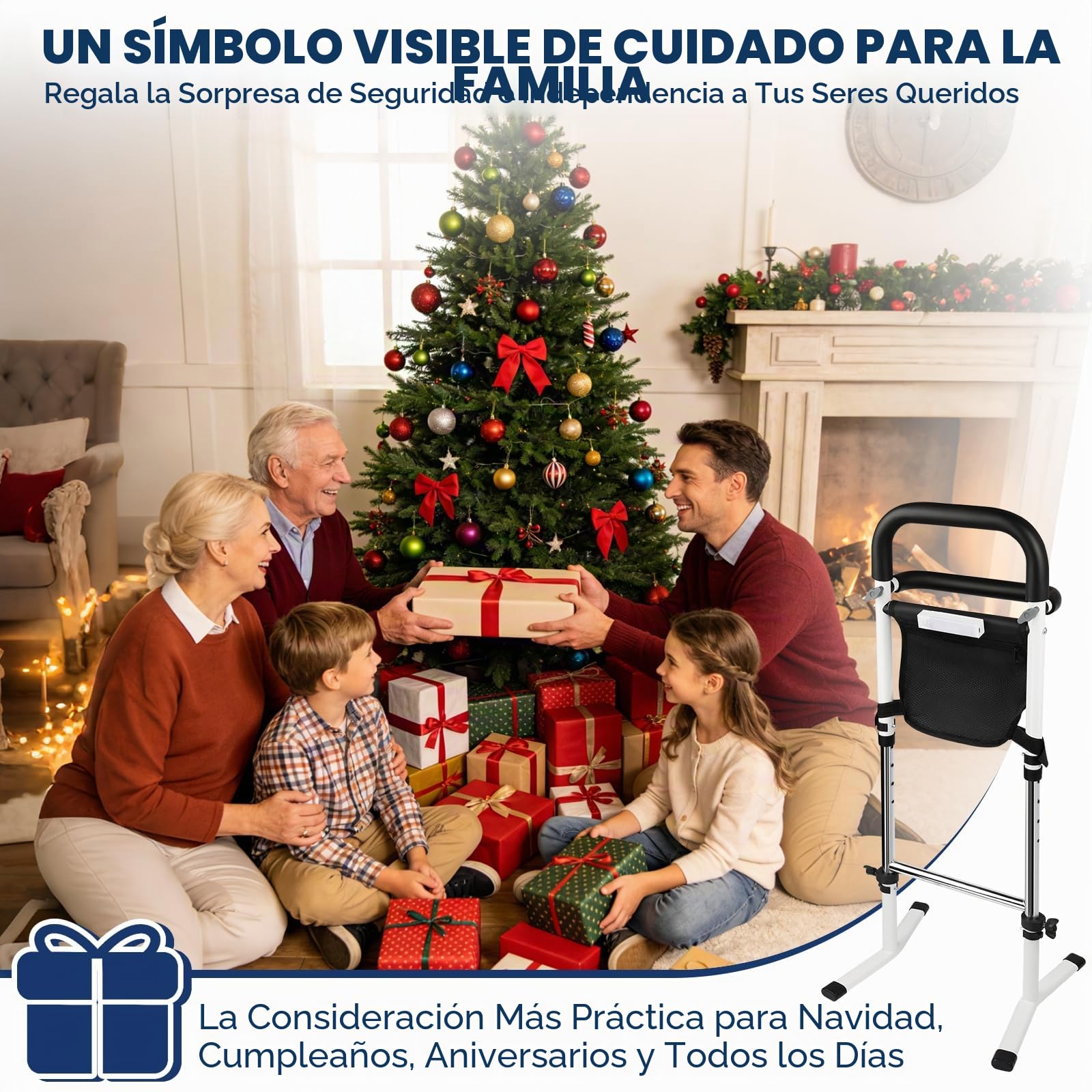 Soporte de Ayuda para Levantarse para Personas Mayores con Barandales Duales, Ayuda de Pie con Luz con Sensor y Bolsa, Altura Ajustable (72-87cm), para Inodoro, Cama y Sofá, Capacidad 136kg