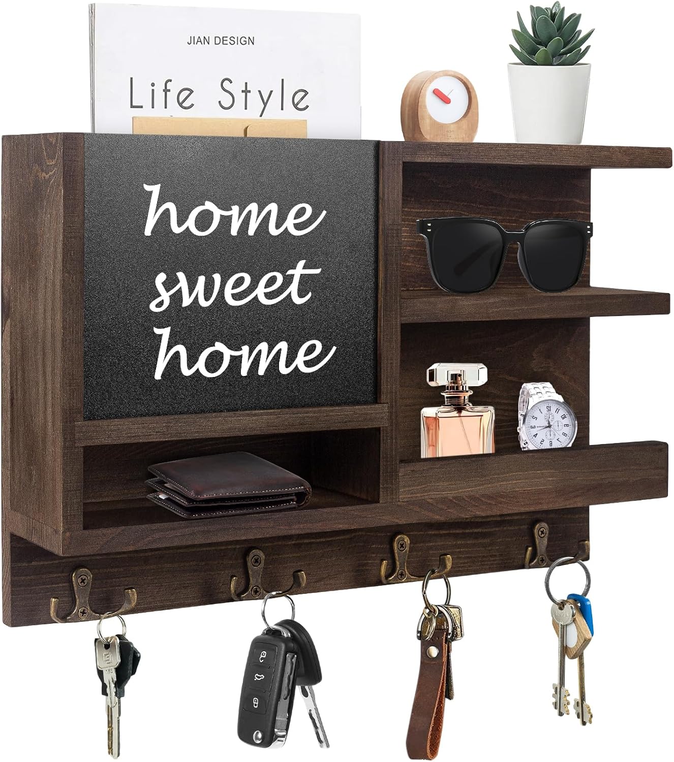 Key Holder for Wall, Mail Organizer Wall Mount with Key Hooks and Wallet Holder, Sunglasses Storage and Dog Leash Hanger, Decorative with 4 Double Hooks and Chalkboard