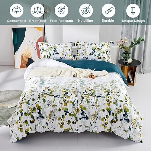 Miniatura 2 de MILDLY Juego de funda de edredón 100% algodón de fibra larga, ultra suave, estampado de hojas amarillas y verdes, juego de funda de edredón otoñal