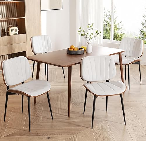 Juego de 4 sillas de comedor, modernas de mediados de siglo, tapizadas de piel sintética, respaldo de madera curvada de nogal, patas de metal, color