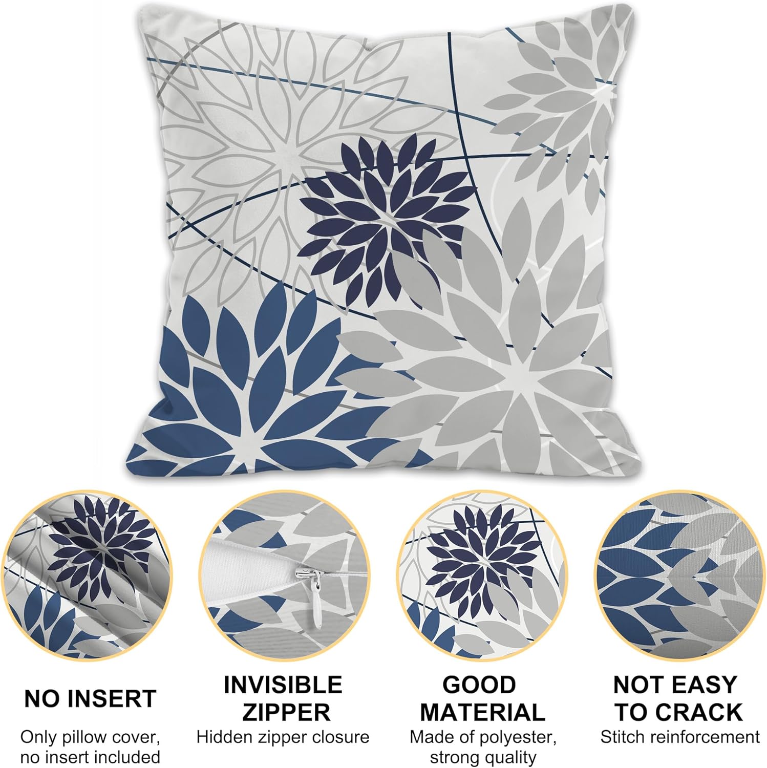 Floral Throw Pillow Covers Set of 2, 16x16 Inch Gray and Blue Flower Indoor Decorative Pillow Cases for Couch Bed Sofa Cushion Home - Image 2