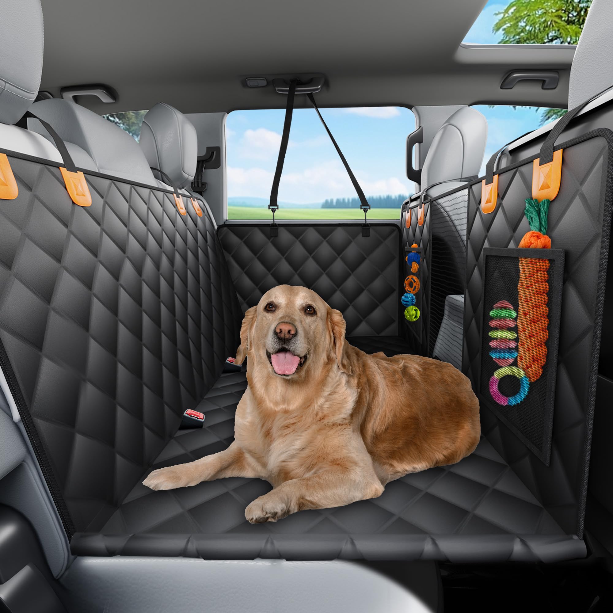 SW PRODUCTS Dog Car Seat Cover for Back Seat, Hard Bottom Dog Hammock Seat Cover, Waterproof & Scratch-Resistant, Non-Slip Backseat Protector with