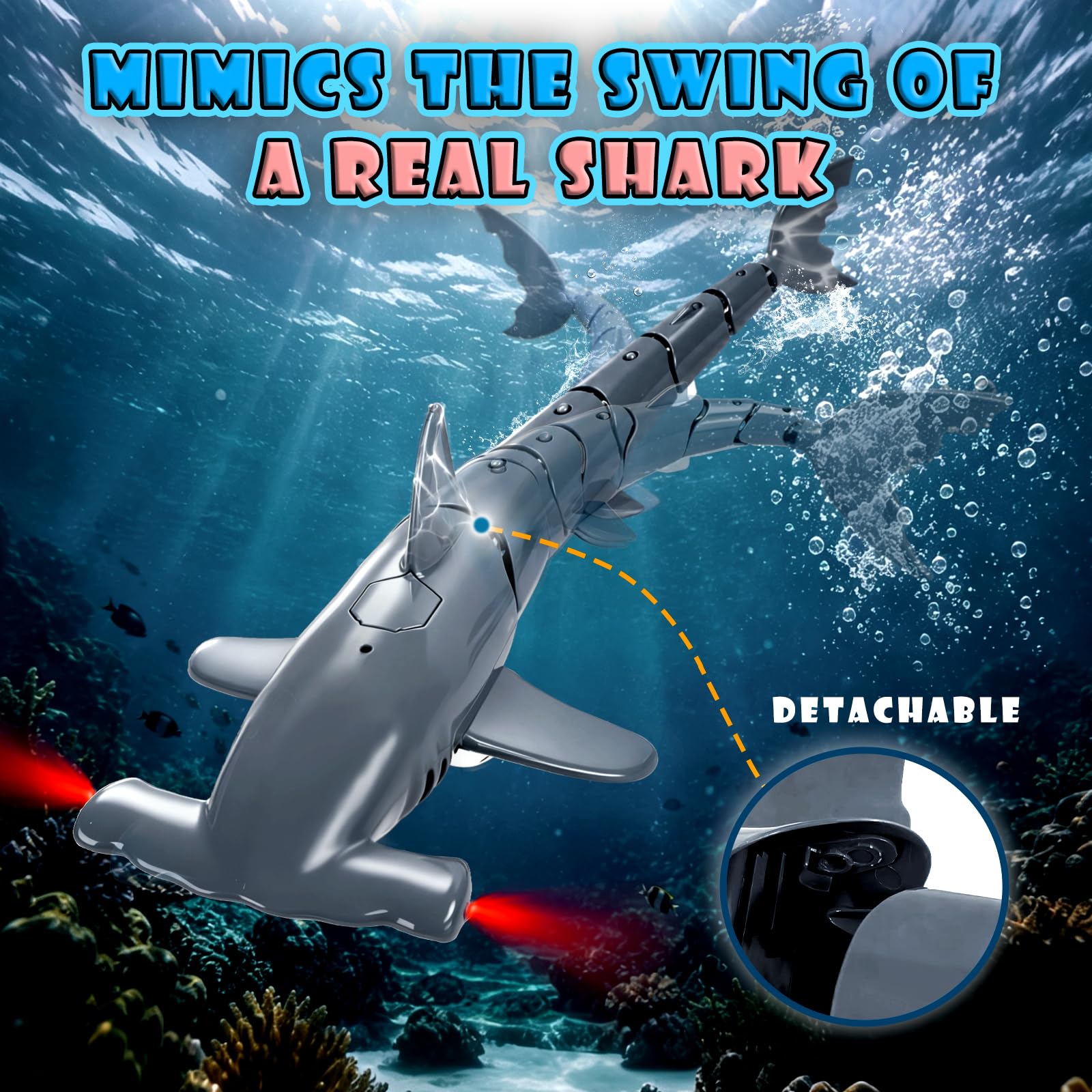 Tiburon Teledirigido Submersible, Tiburon Submarino Juguete 2.4GHz RC Tiburón con Luces LED para Piscinas, Lagos y Bañeras (Gris)