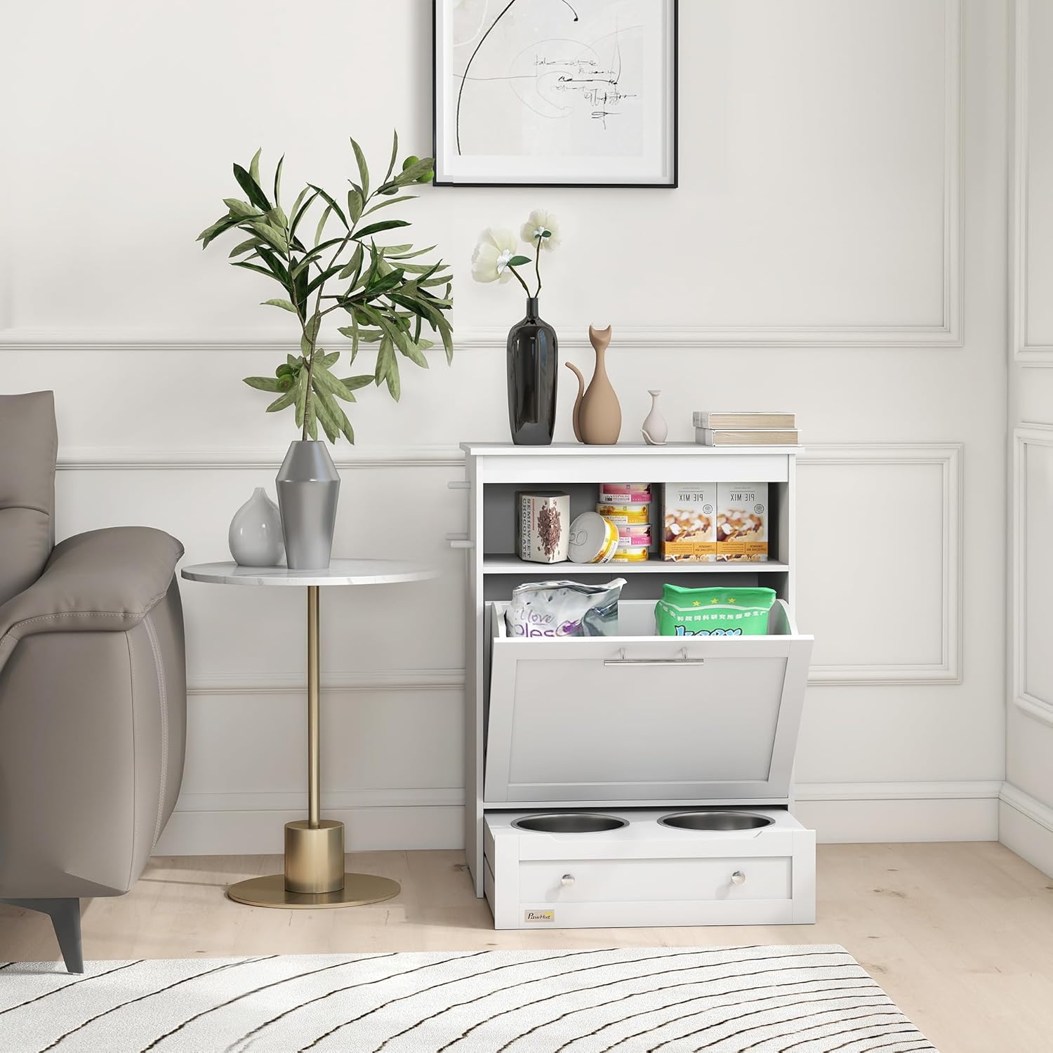 PawHut Dog Feeding Station with Raised Bowls & Storage Cabinet, Pet Feeder Cabinet Container with Hanger for Feeding & Watering Supplies, Dog Food Organizer, White