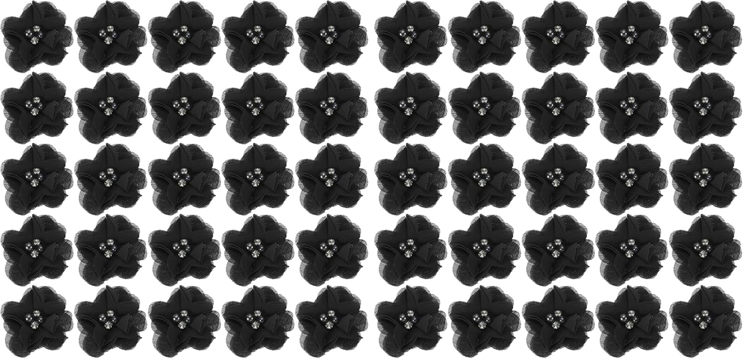 PATIKIL 2" Chiffon Flowers, 30Pcs Fabric Flowers Sewing Appliques Embellishments with Rhinestone Pearl for DIY Crafts Wedding Headbands Party Decoration, Black (Pack of 2)
