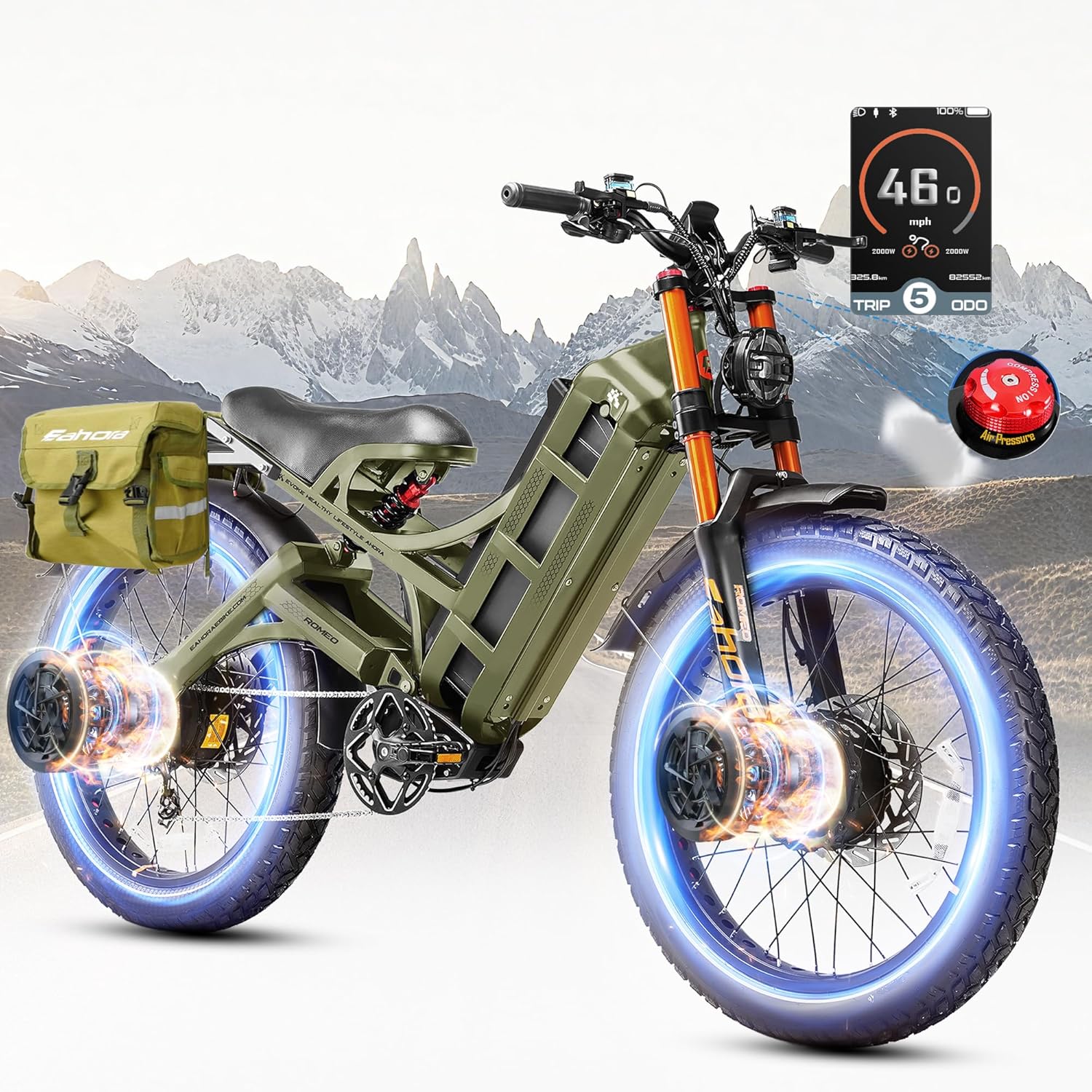 eAhora Romeo Pro 2 52V/70Ah 200+Miles Long Range Ebike, 26 * 4.0" Fat Tire Full Suspension Electric Mountain Bike 4000W 46Mph Electric Bike for Adults Green+Rack+Bag