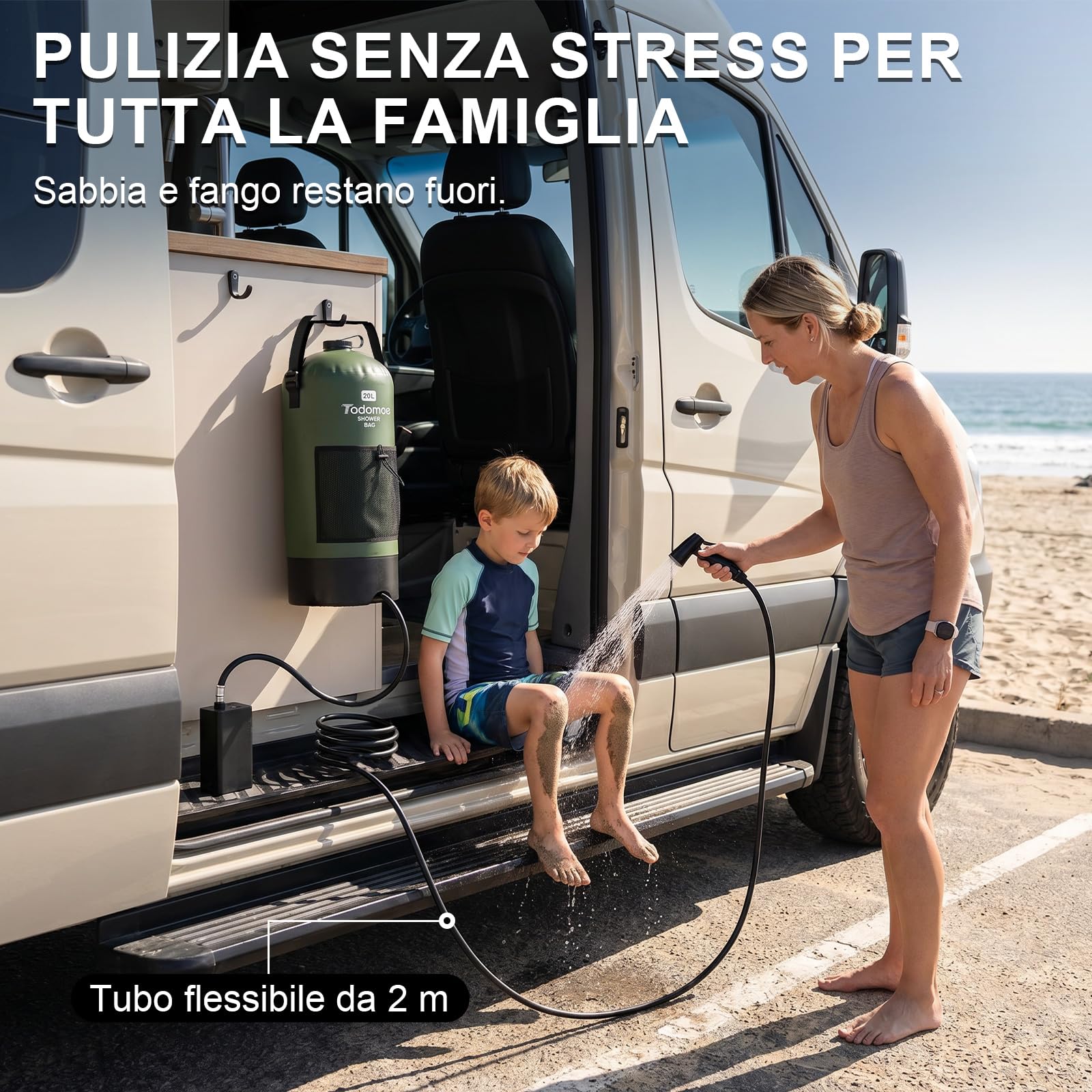 20L Doccia da Campeggio con 2000mAh Pompa e Tubo da 2m, Doccia Portatile Solare Borsa con Borsa di Trasporto e Soffione - Doccia Mobile per Camping, Spiaggia, Cani e Giardino