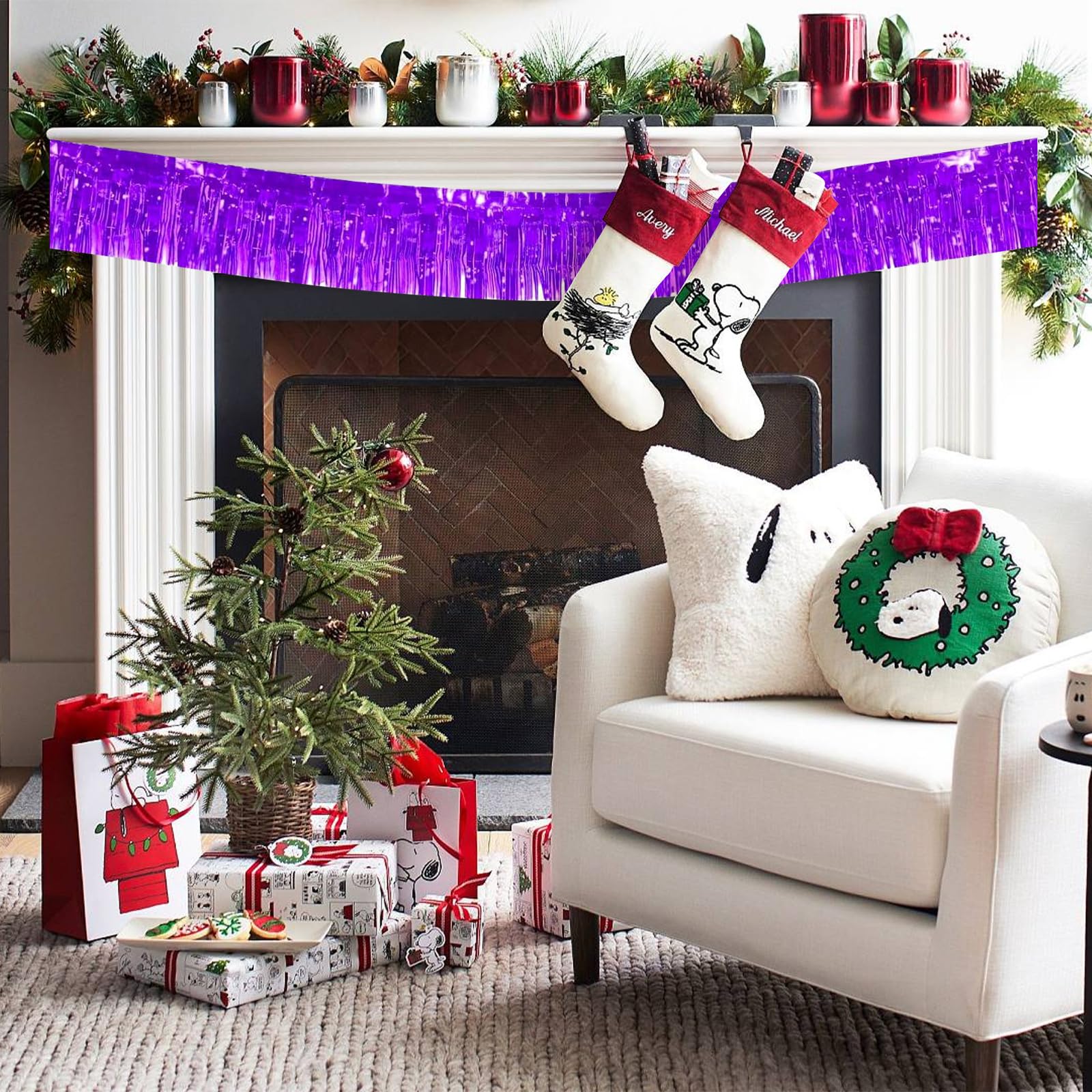 Paquete de 12 guirnaldas de flecos de papel de aluminio metálico de 10 pies, pancarta de oropel para colgar en la pared, color morado para flotadores de desfile, bodas, cumpleaños, Navidad