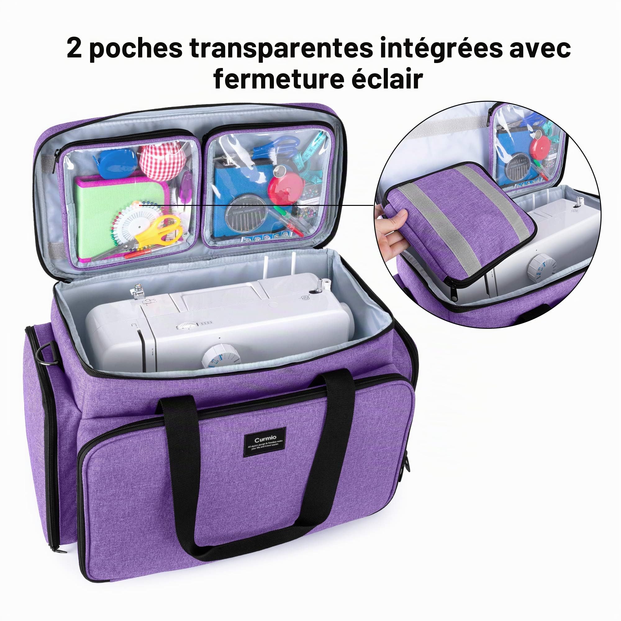 CURMIO Sac Machine à Coudre avec Pochette Amovible pour Accessoires, Violet | Étui Portable pour Plupart des Machines Standard, Fond Antidérapant, Bandoulière Amovible, Poignée de Transport, Sacoche Vide