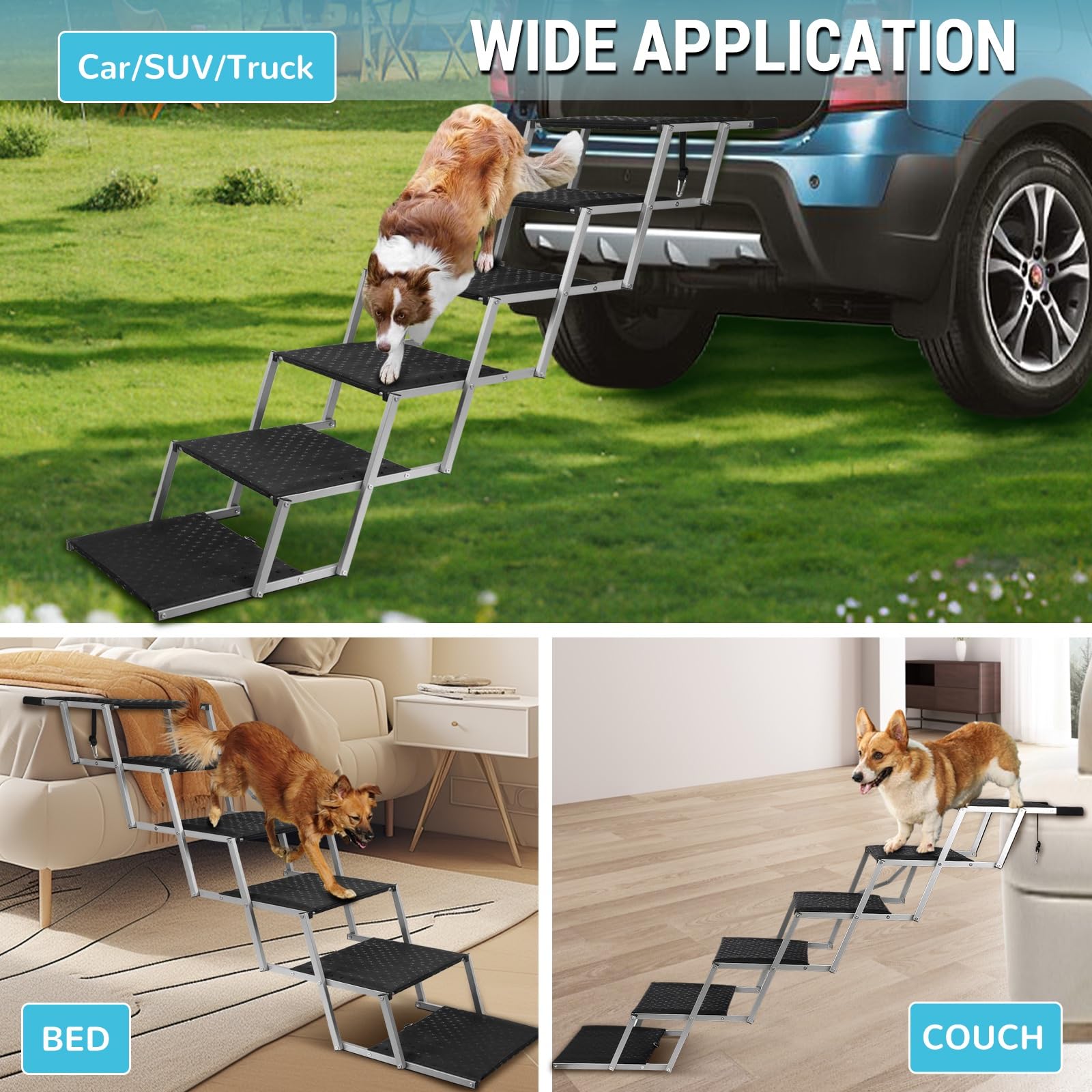 Escalier pour Chien 6 marches Pliable Aluminium léger Charge 113kg Surface antidérapante Extra Larges pour Voiture SUV Camion Argenté